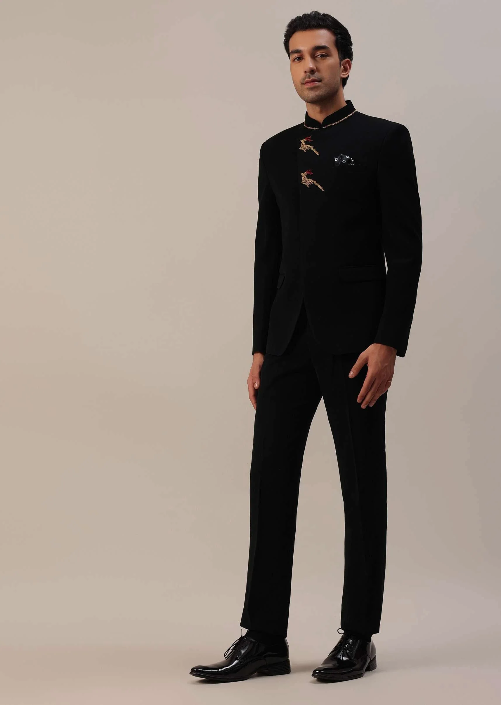 Black Indowestern In Suiting Fabric With Detailed Threadwork - Image 7