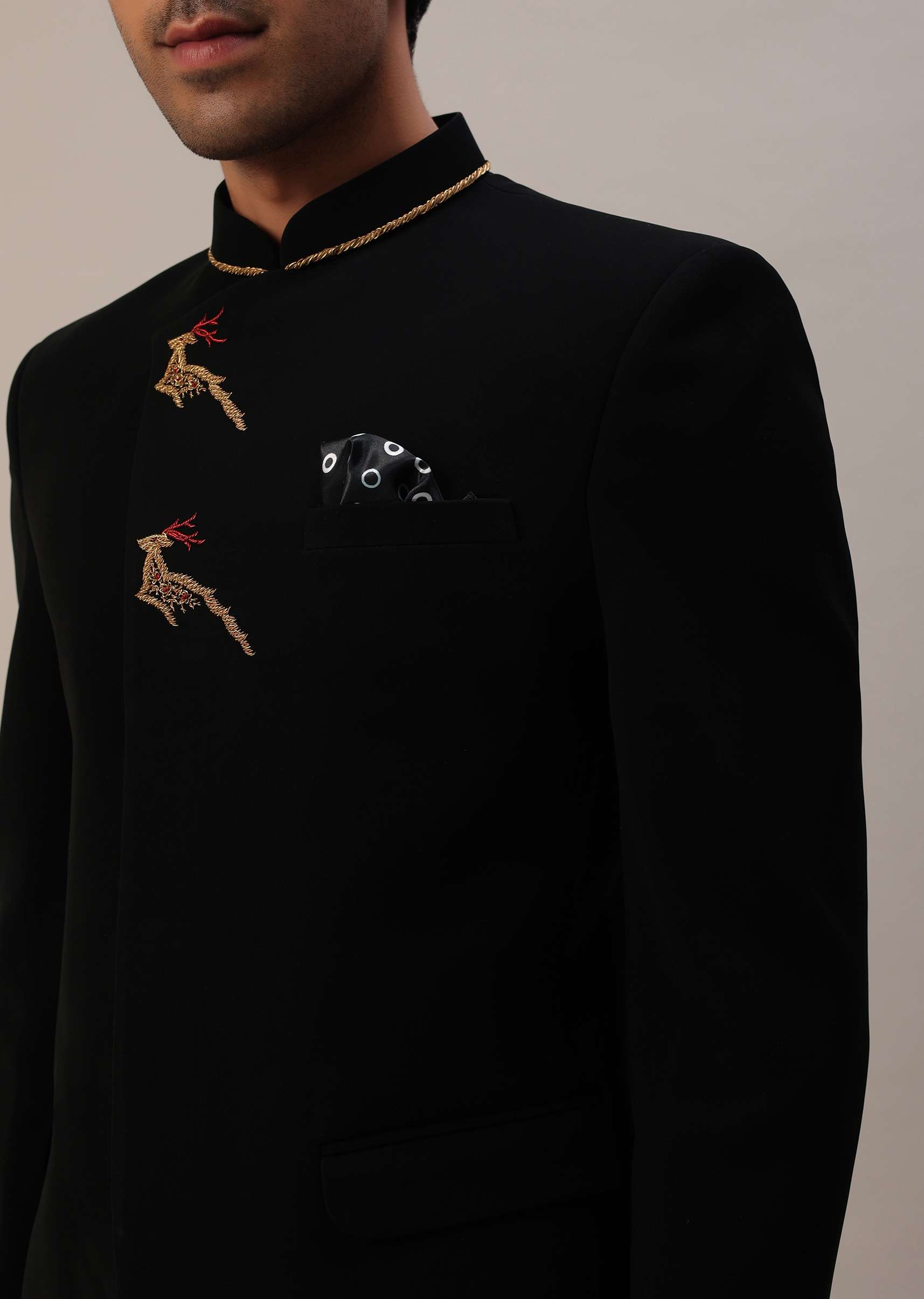 Black Indowestern In Suiting Fabric With Detailed Threadwork - Image 8