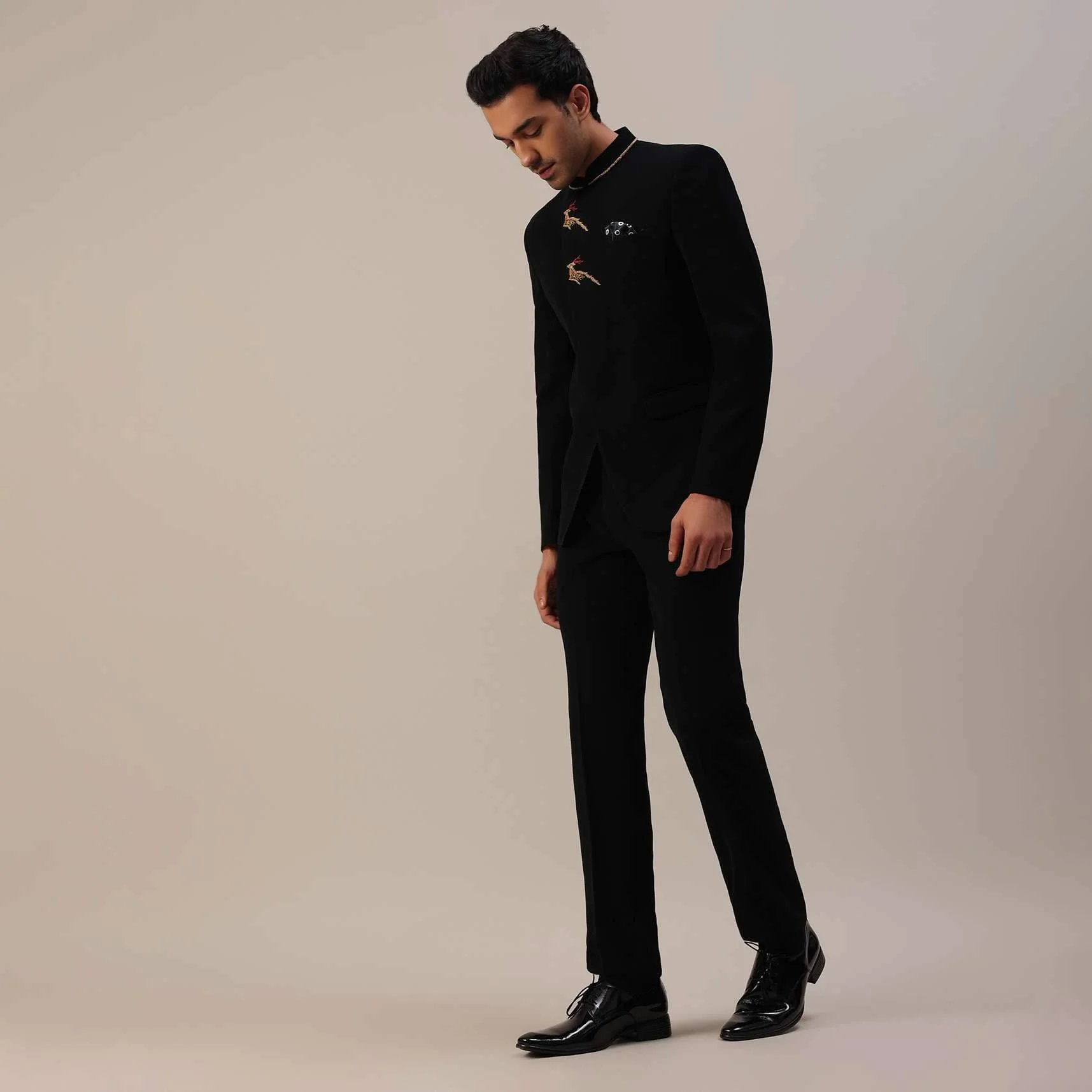 Black Indowestern In Suiting Fabric With Detailed Threadwork - Image 9