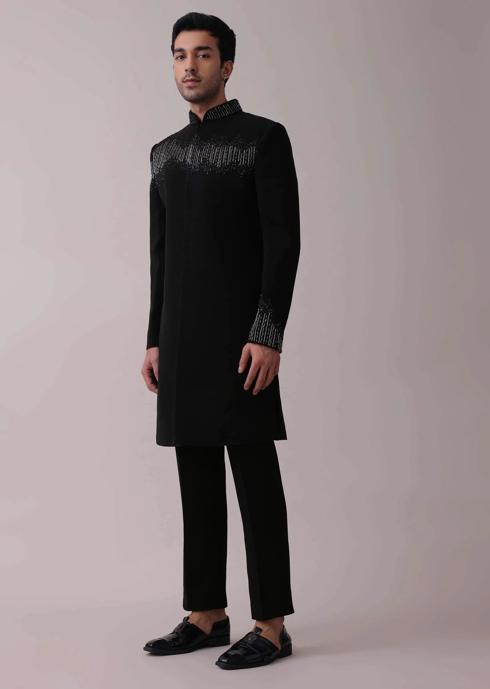 Black Indowestern Jacket Set In Suiting Fabric With Cut Dana Embroidery - Image 4