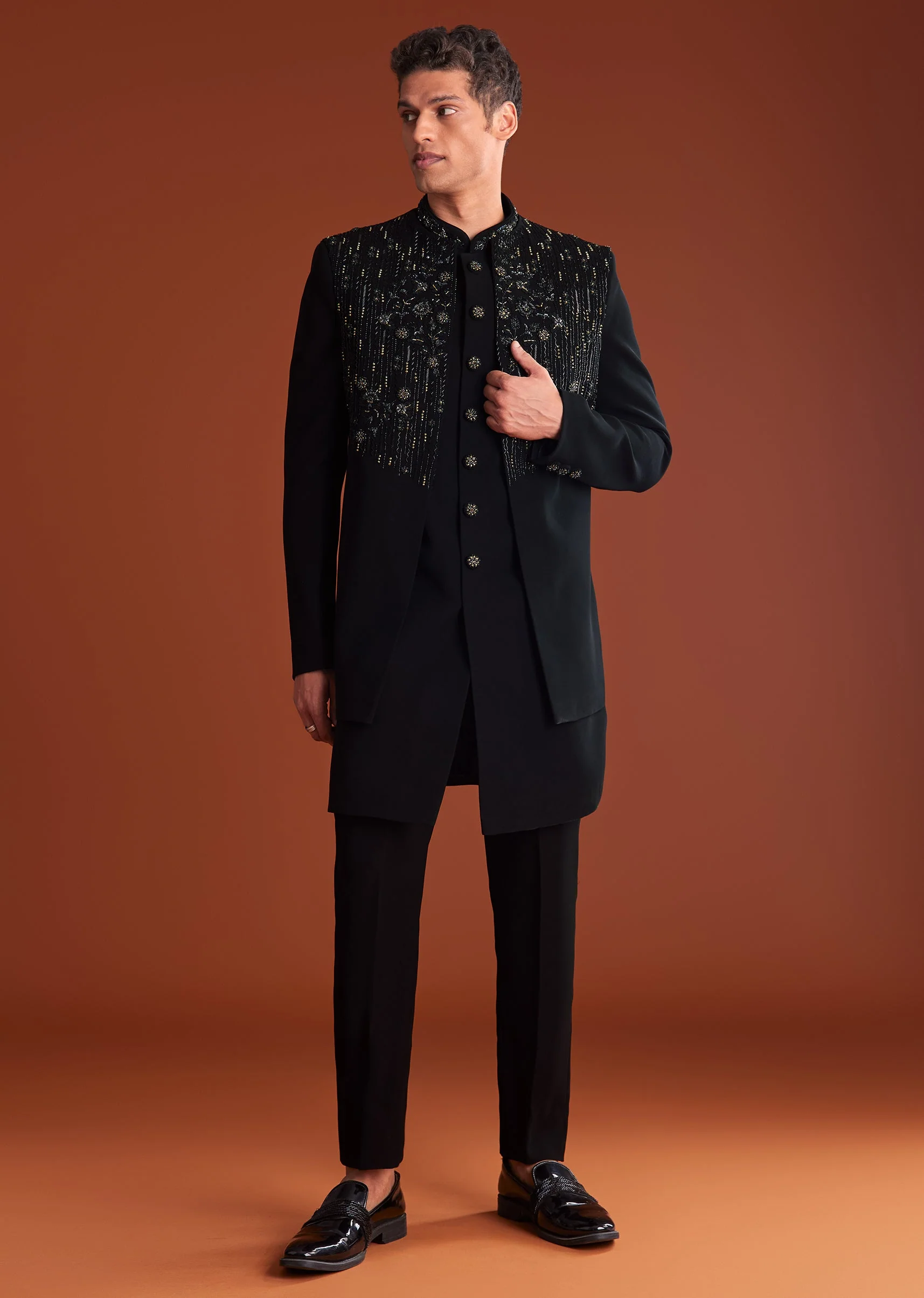 Black Indowestern Jacket Set With Zari And Pearl Work - Image 3