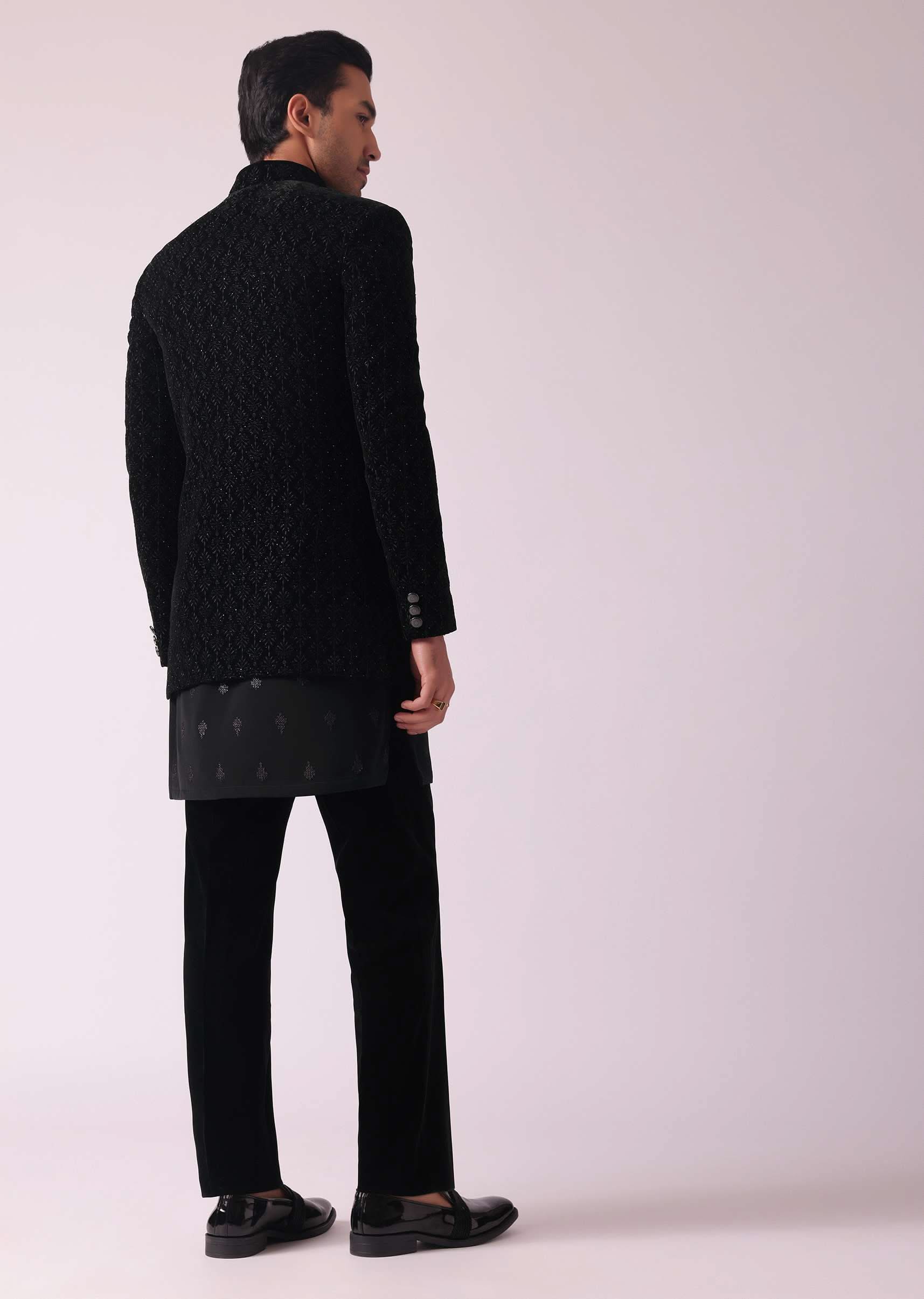 Black Indowestern Set In Velvet With Thread Embroidery - Image 3