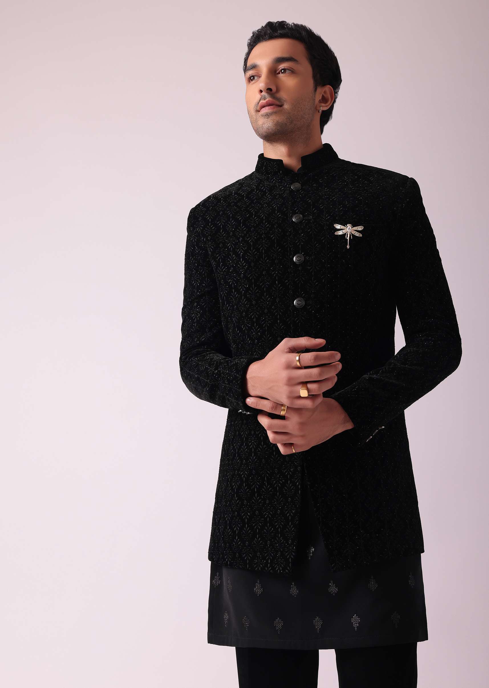 Black Indowestern Set In Velvet With Thread Embroidery - Image 4