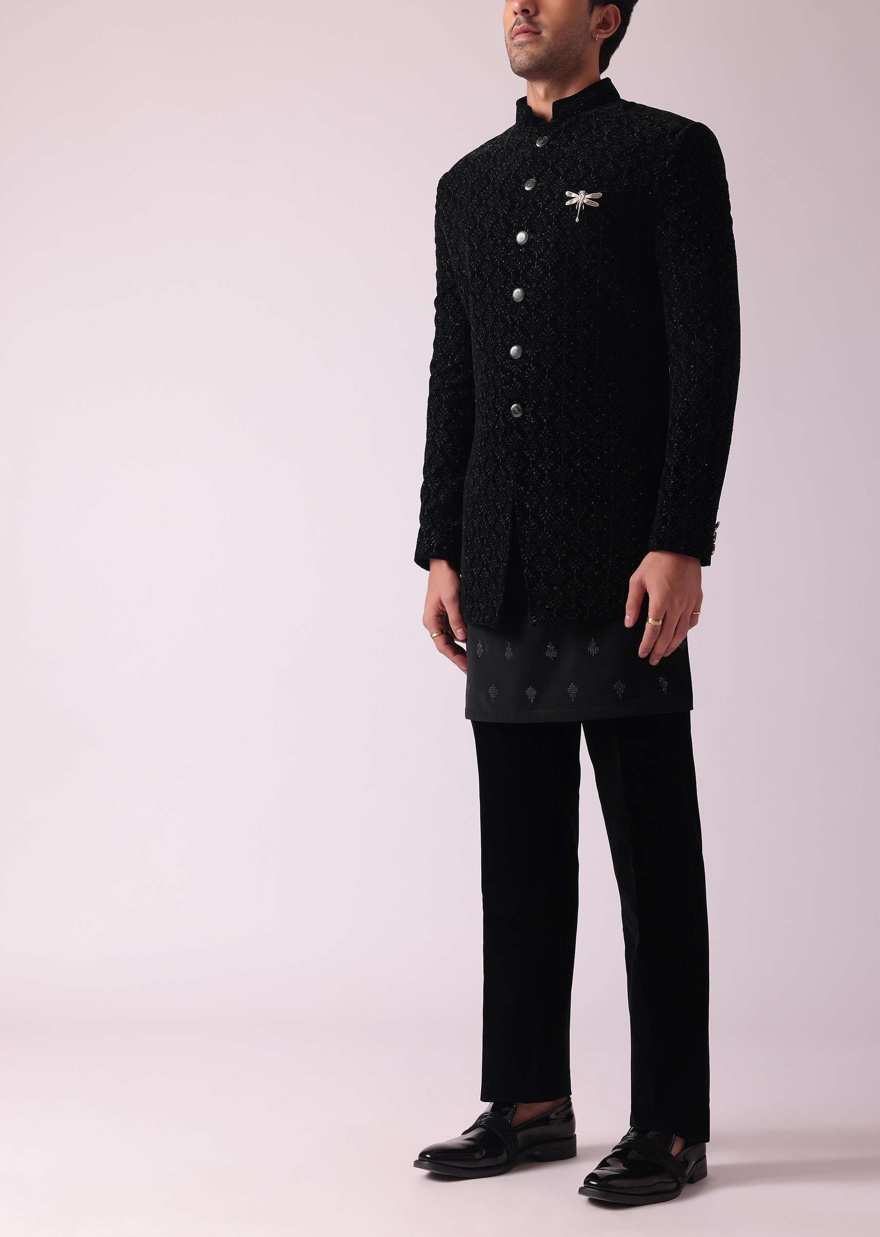 Black Indowestern Set In Velvet With Thread Embroidery - Image 5