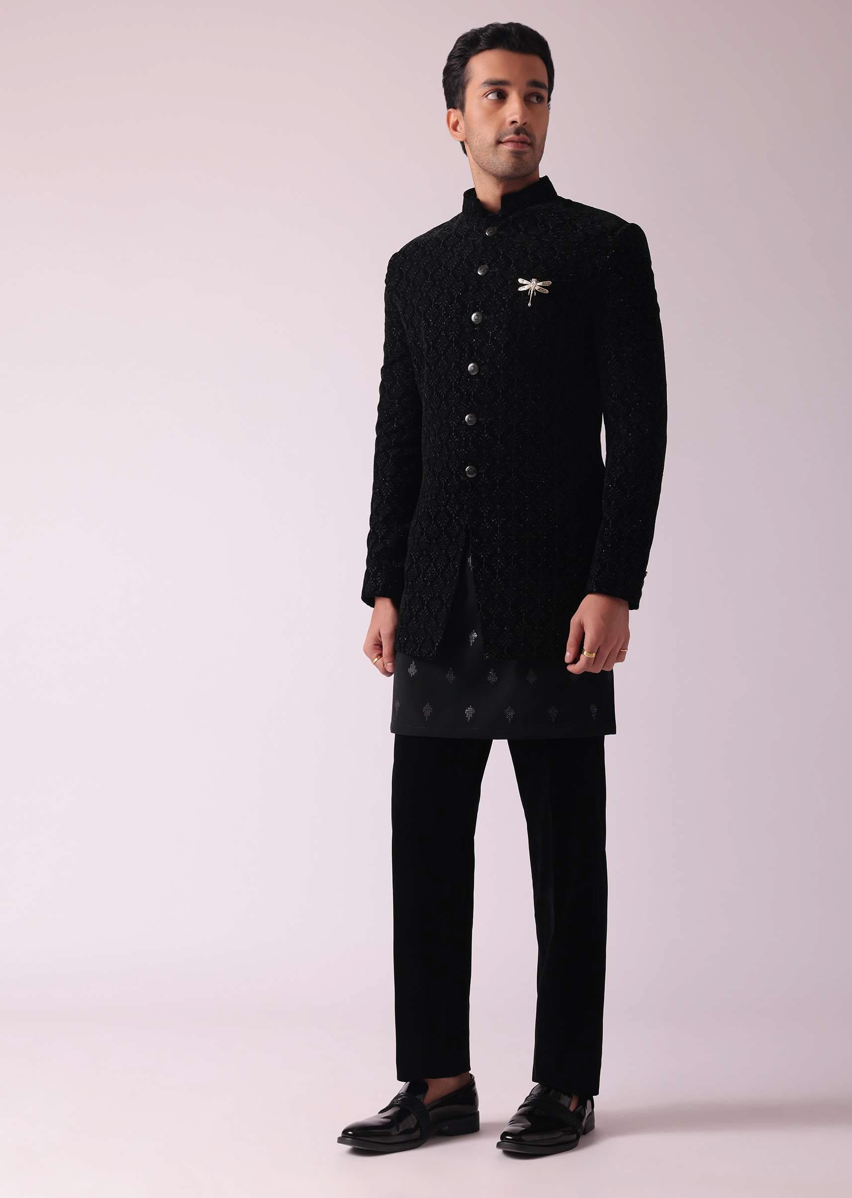 Black Indowestern Set In Velvet With Thread Embroidery - Image 6