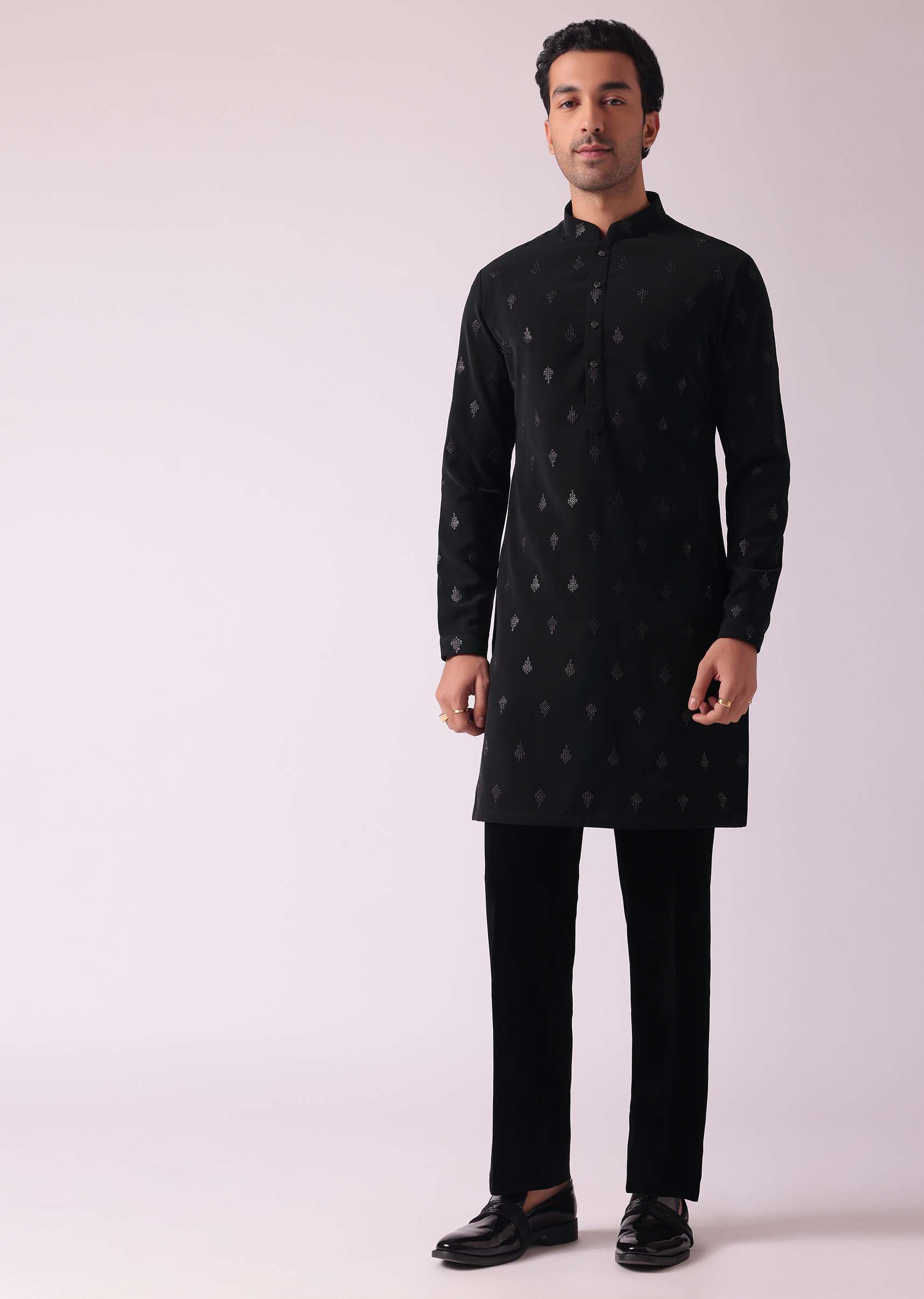 Black Indowestern Set In Velvet With Thread Embroidery - Image 7