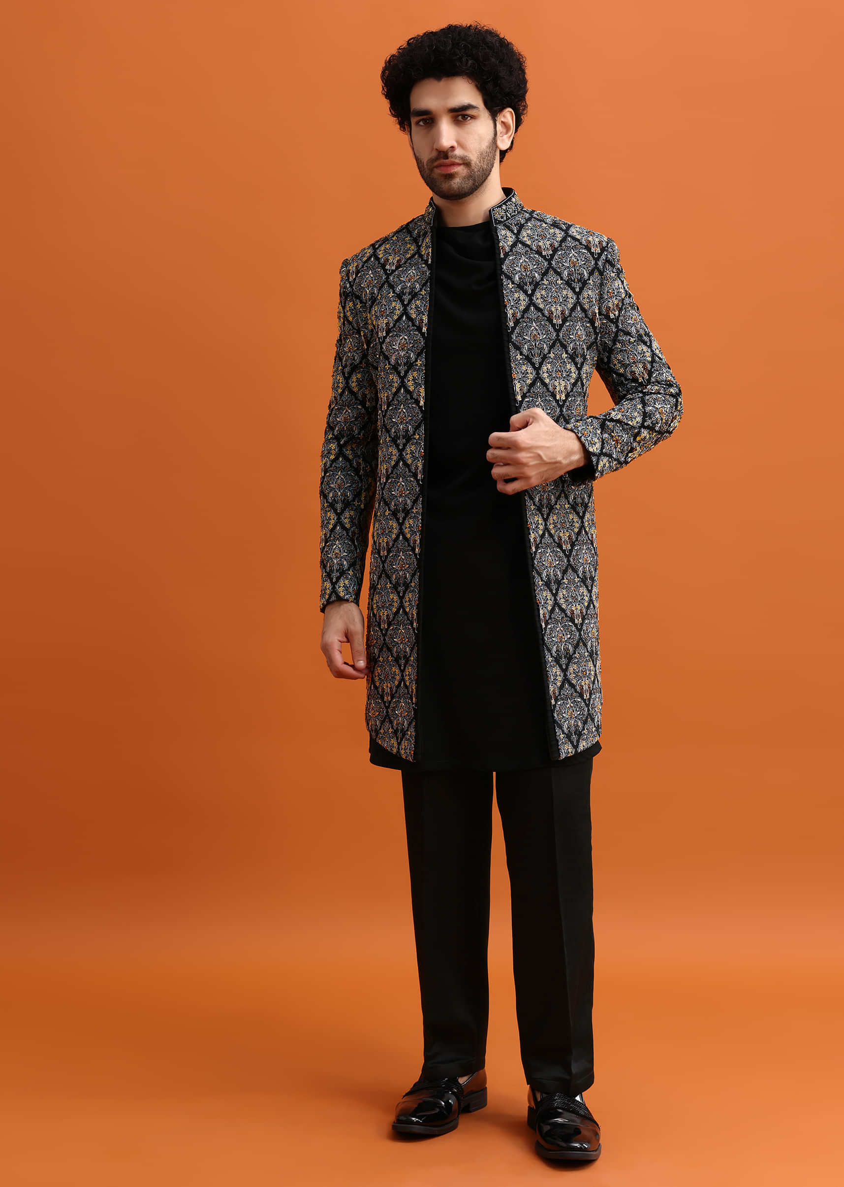 Black Indowestern Set With Hand Work For Men - Image 4