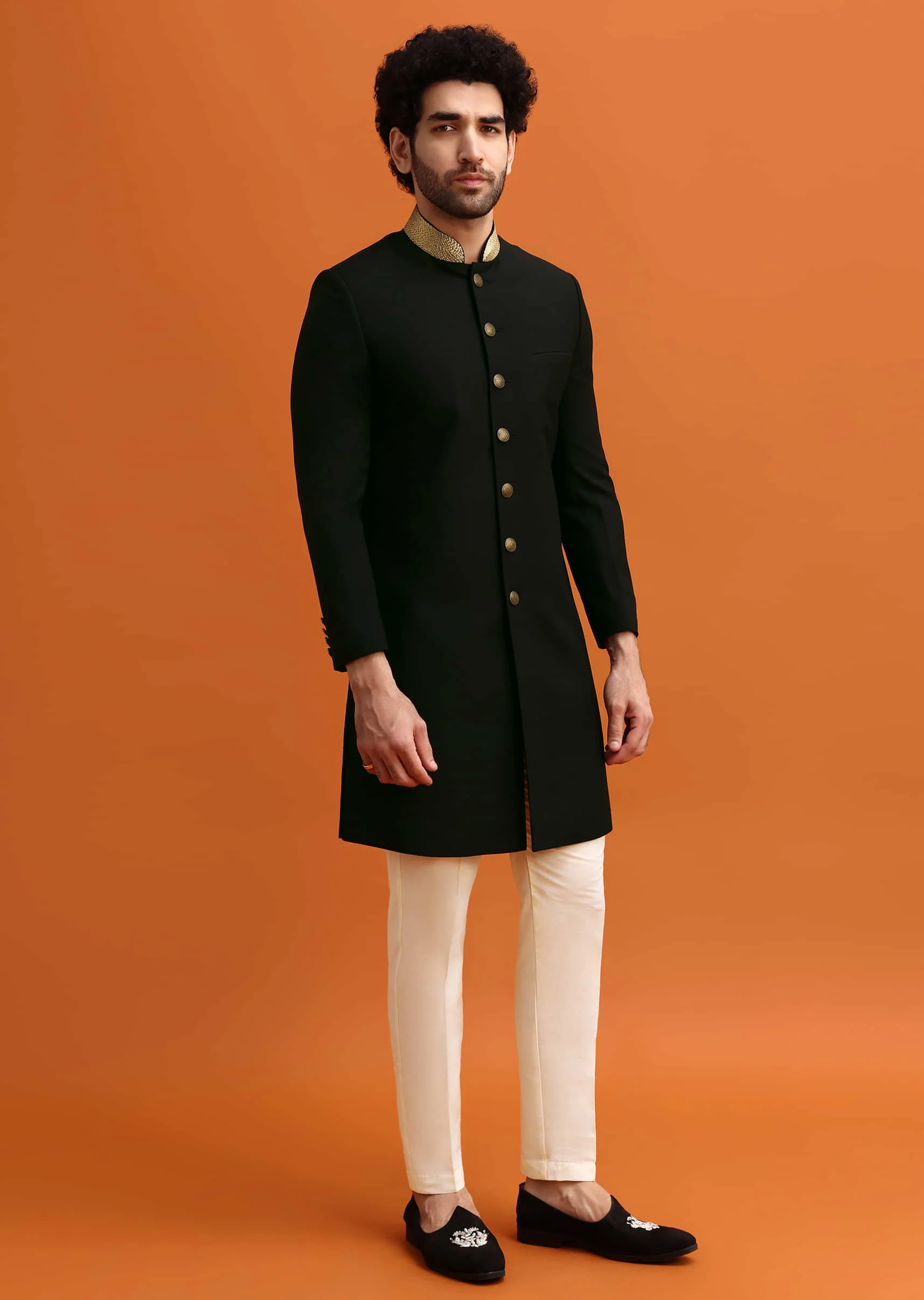 Black Indowestern Set With Zari Work For Men - Image 3