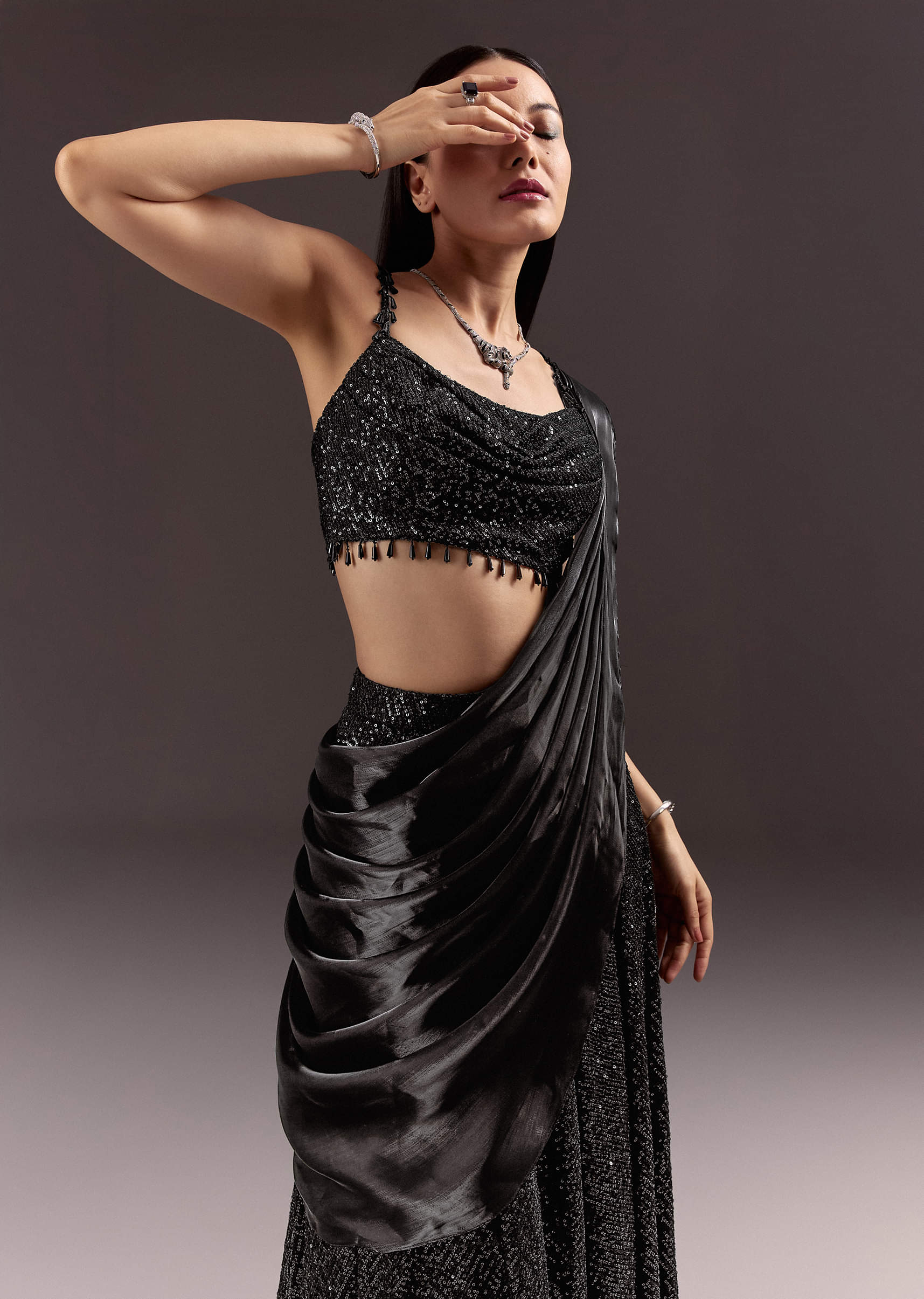 Black Indowestern Sharara Suit With Cowl Blouse With Attached Pallu Attached - Image 2