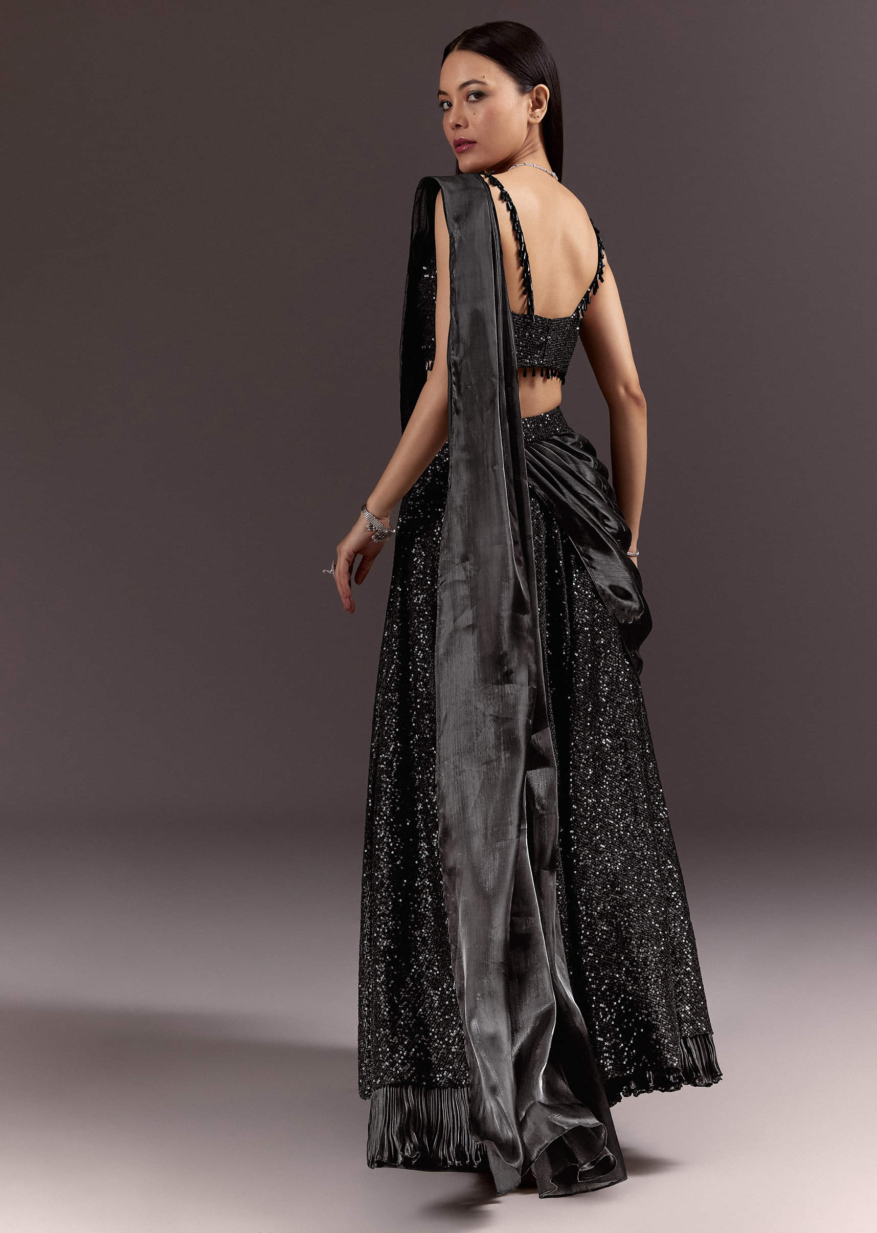 Black Indowestern Sharara Suit With Cowl Blouse With Attached Pallu Attached - Image 5