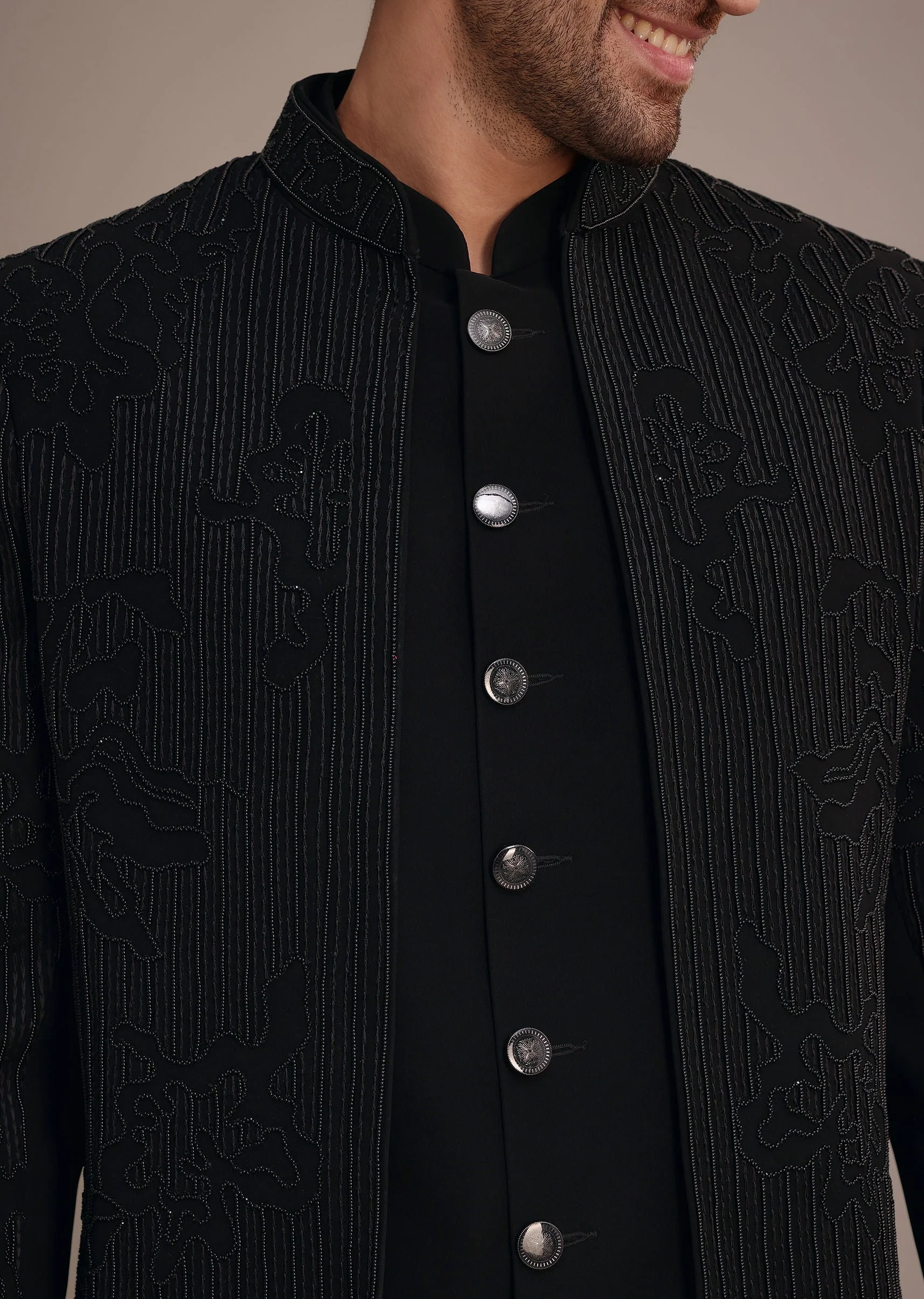 Black Indowestern Suit With Poth Work - Image 2