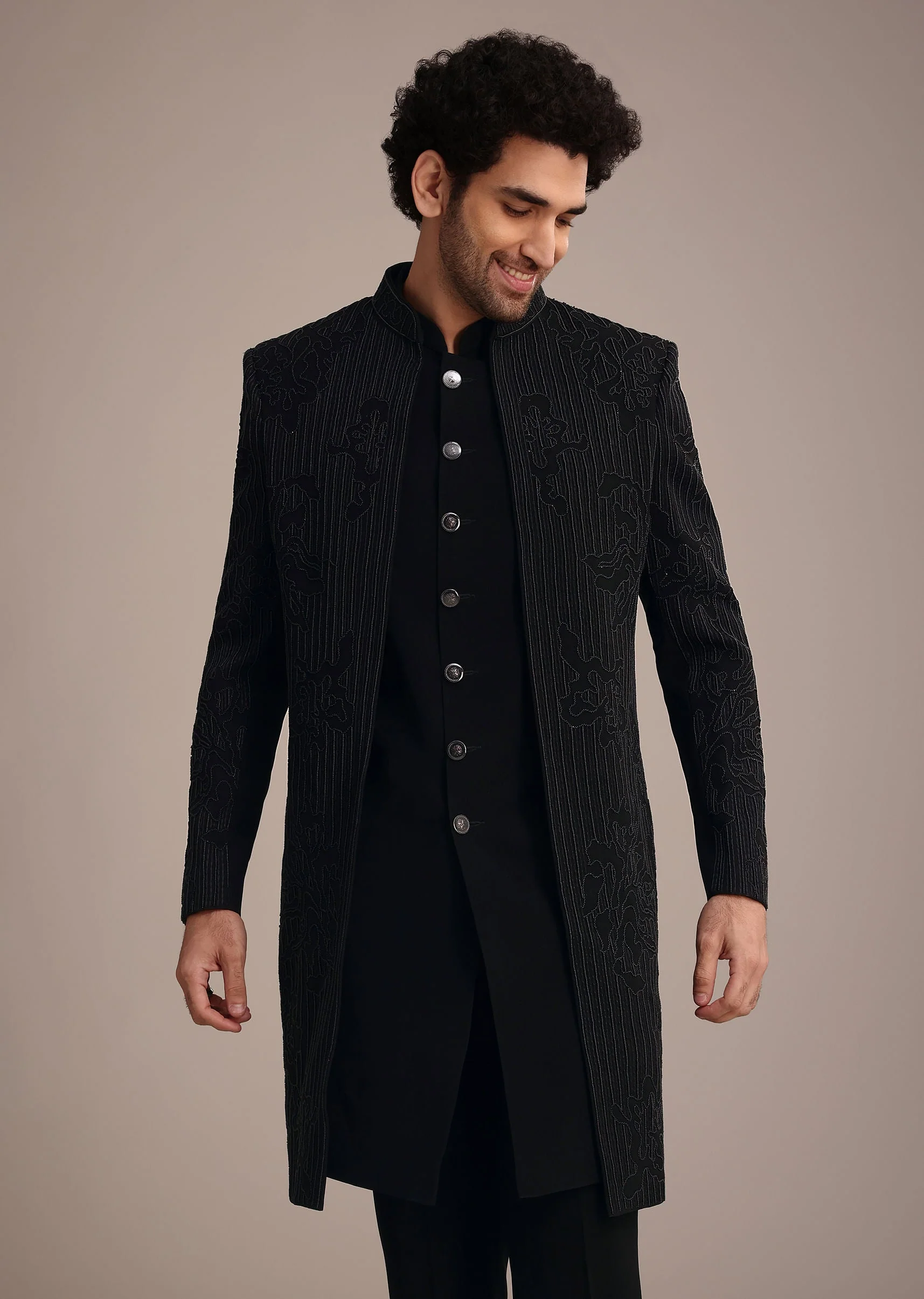 Black Indowestern Suit With Poth Work - Image 3