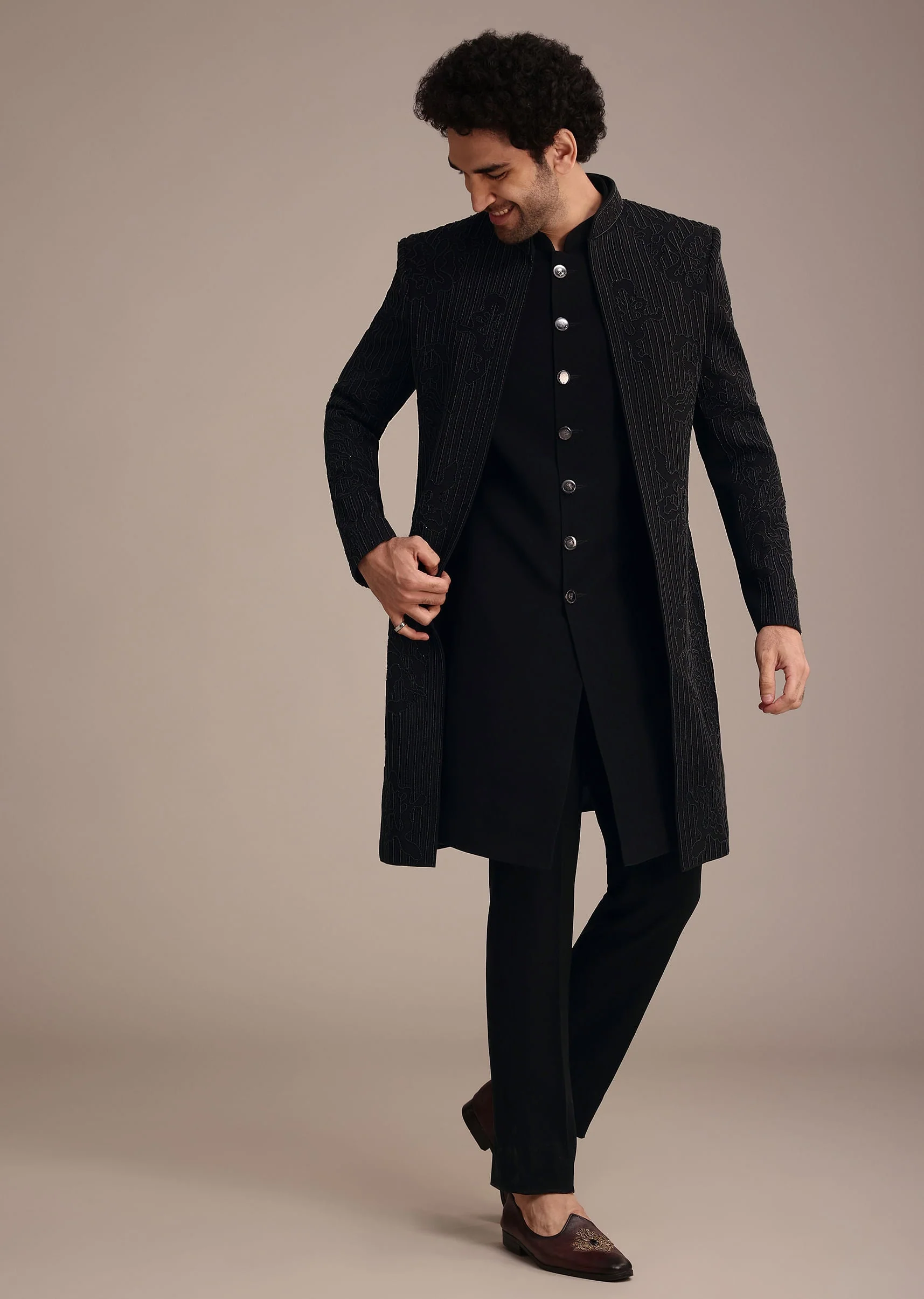 Black Indowestern Suit With Poth Work - Image 4