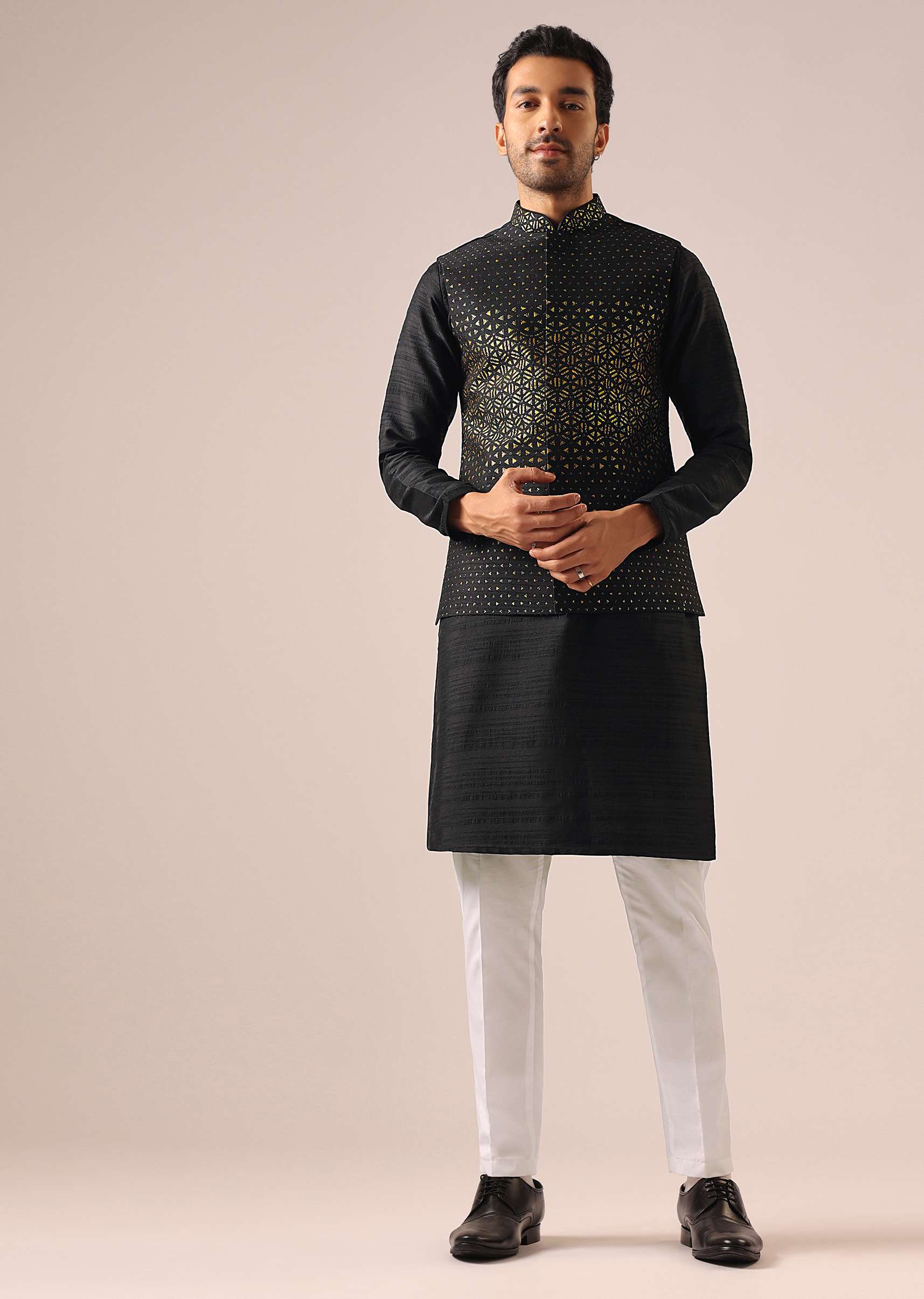 Black Jacket Kurta Set with Embroidered Work - Image 2