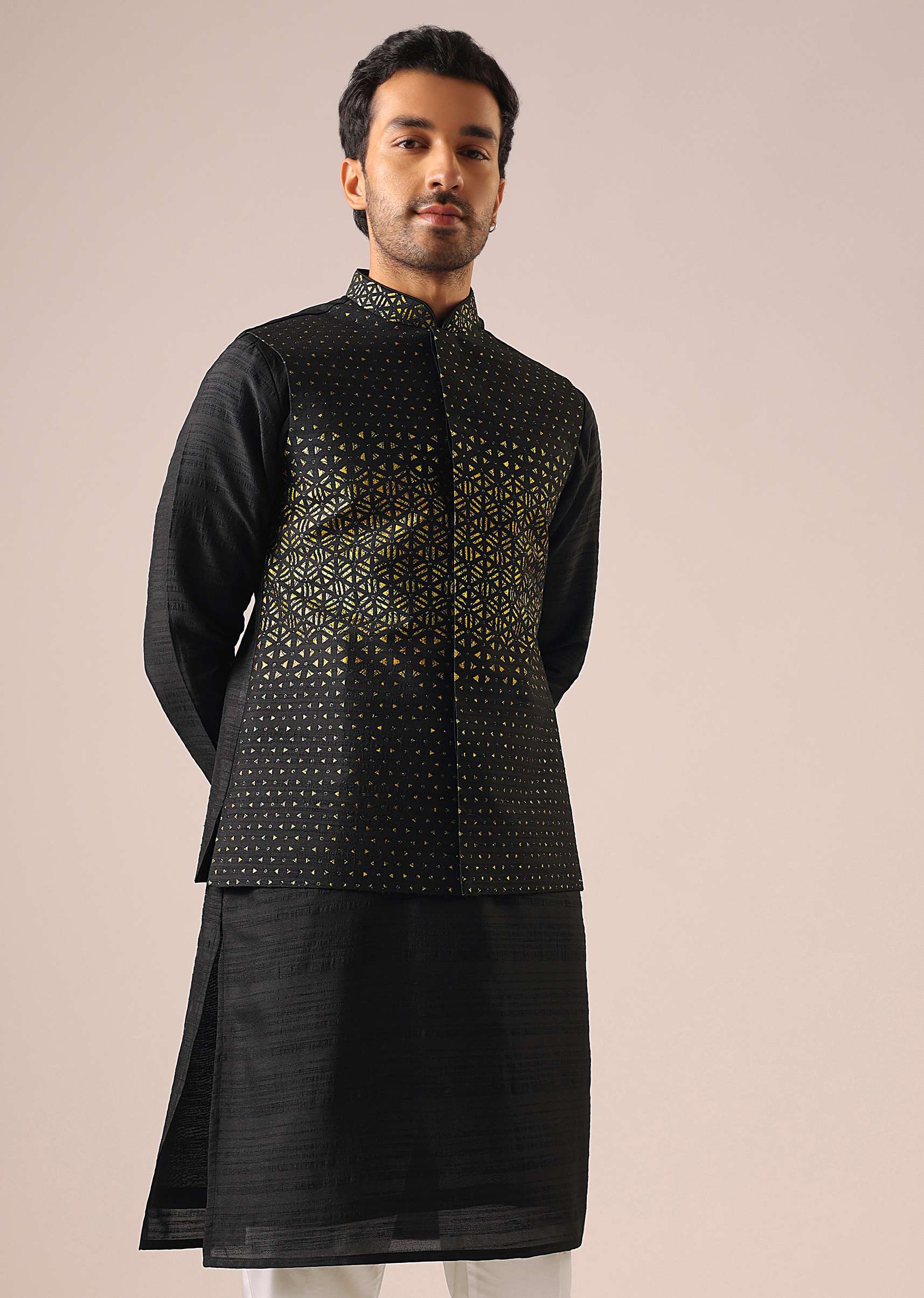 Black Jacket Kurta Set with Embroidered Work - Image 3