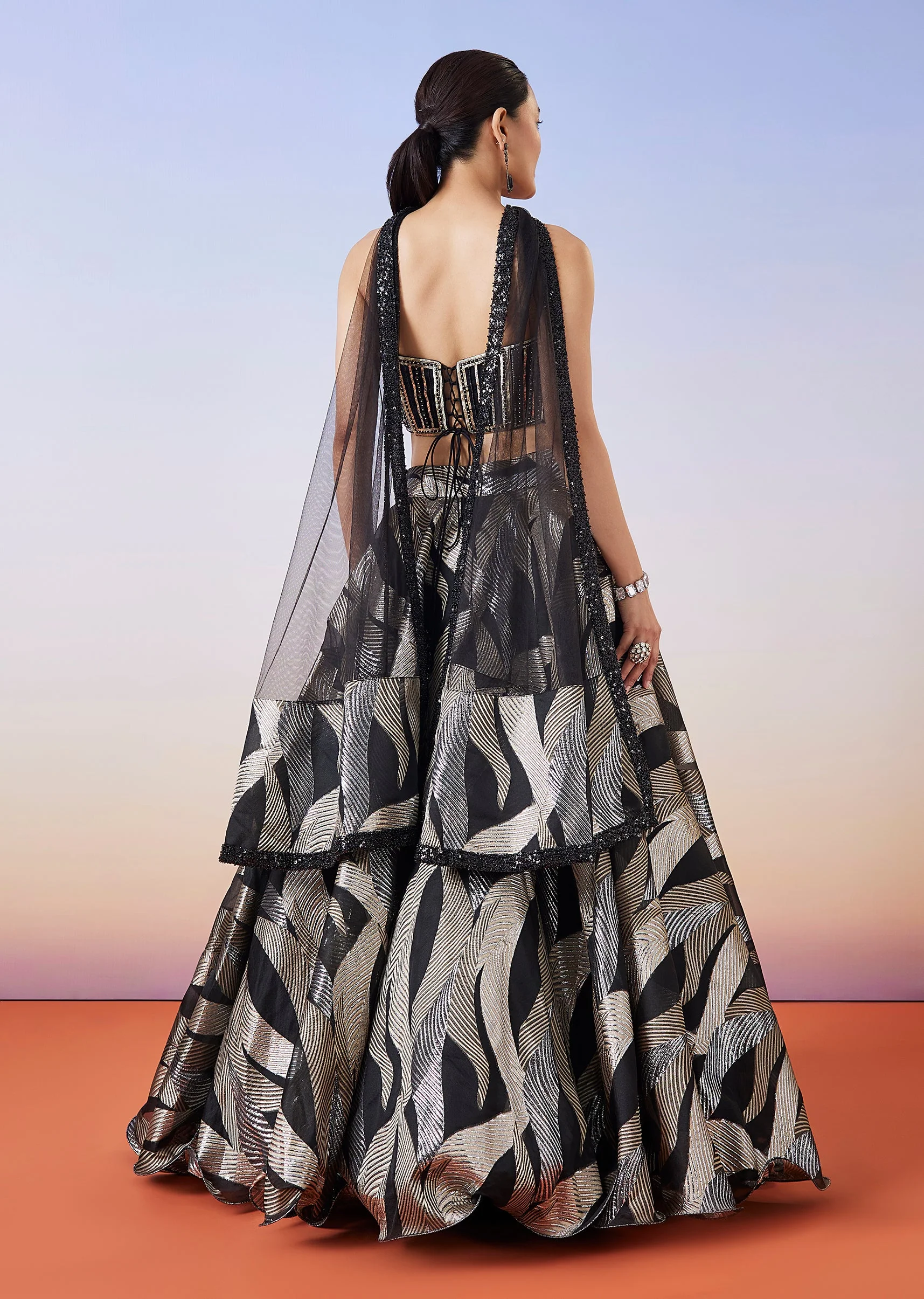 Black Jacquard Fusion Lehenga With Dupatta - Image 2