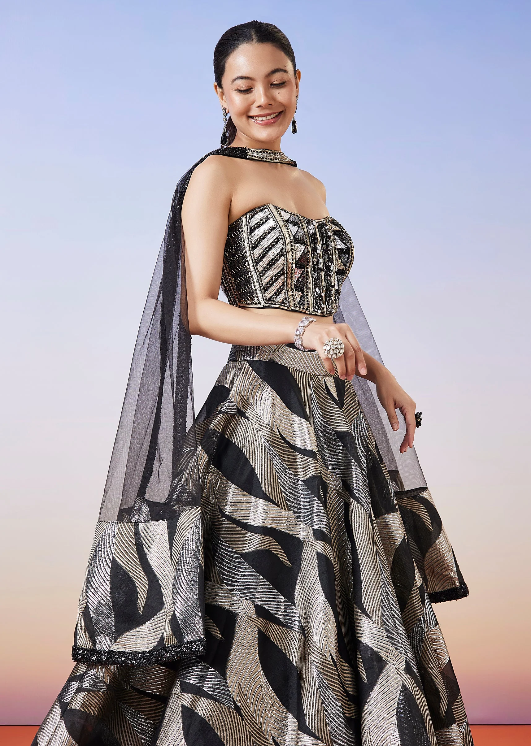 Black Jacquard Fusion Lehenga With Dupatta - Image 3