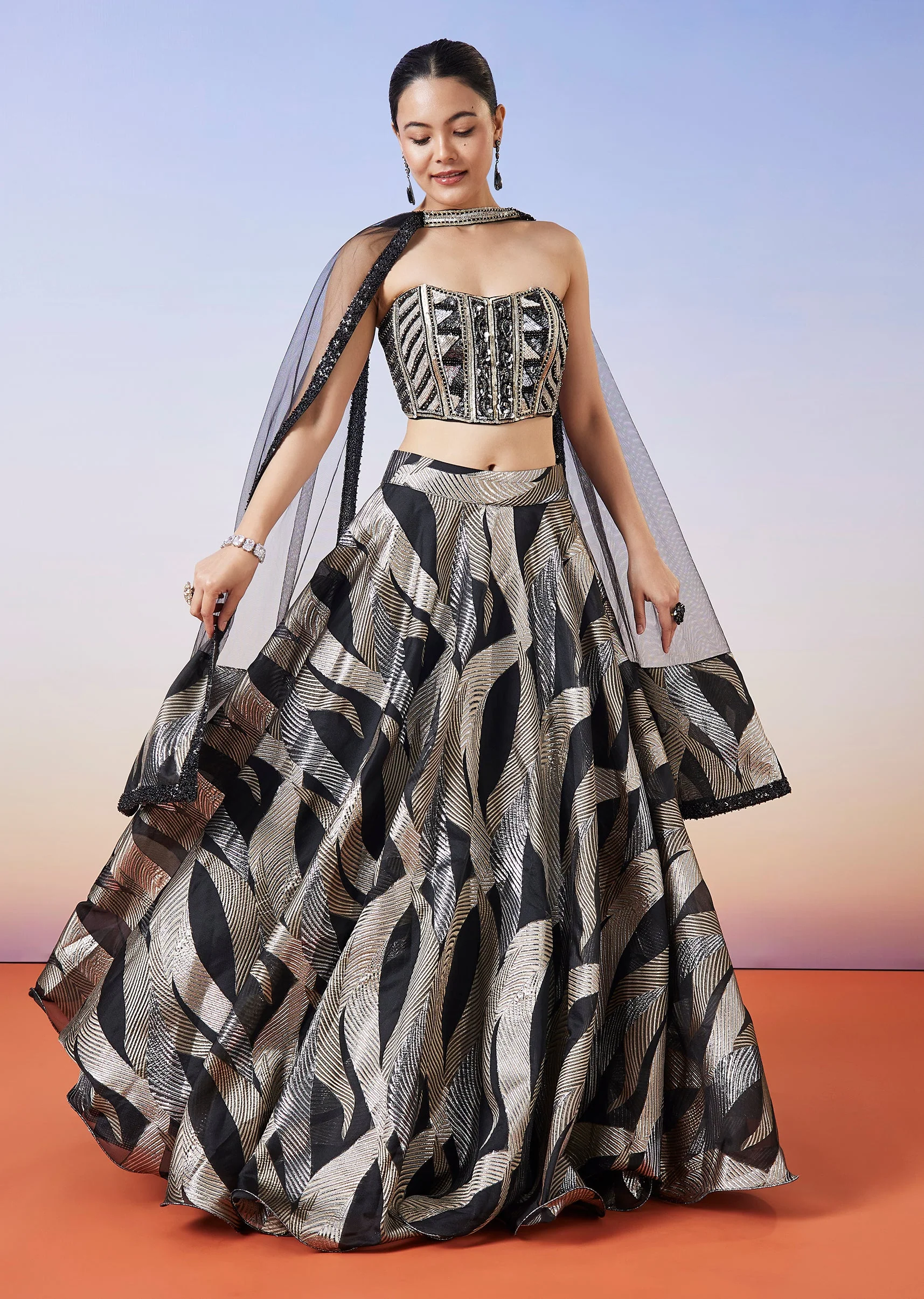 Black Jacquard Fusion Lehenga With Dupatta - Image 4