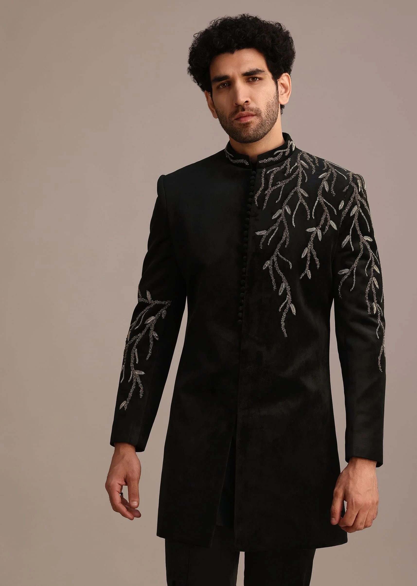 Black Jacquard Indo Western Set with Zardozi Work - Image 4