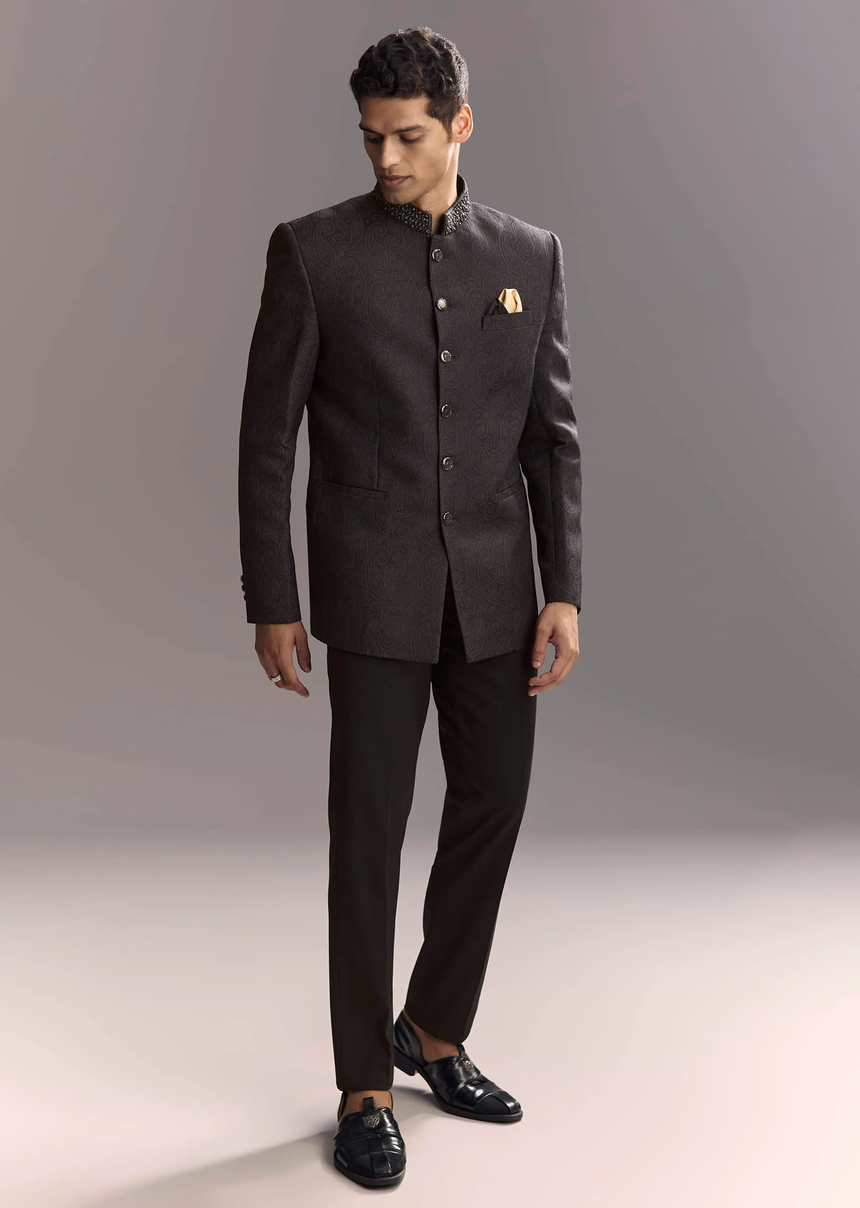 Black Jacquard Jodhpuri Suit For Men With Subtle Paisley Motifs