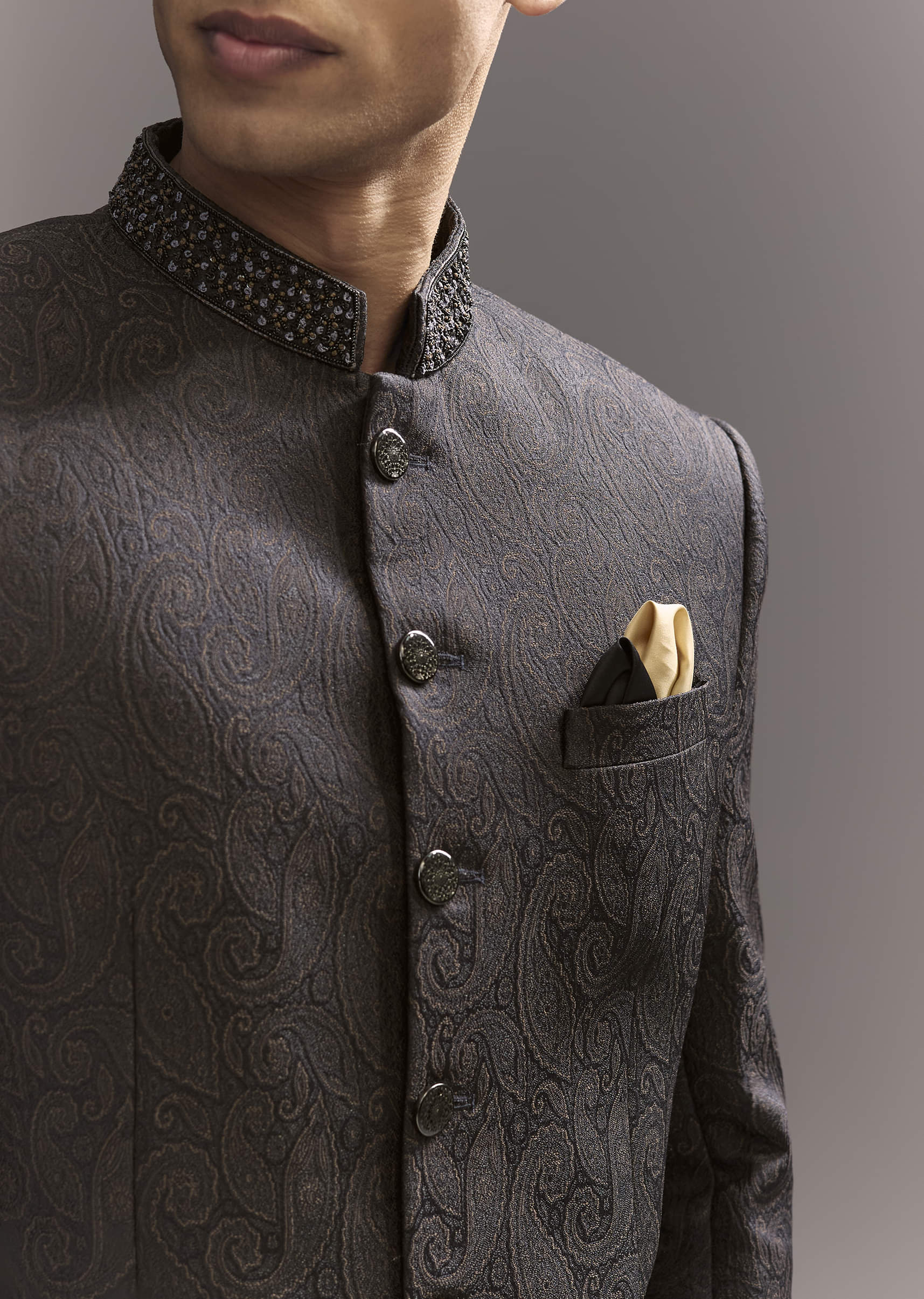 Black Jacquard Jodhpuri Suit For Men With Subtle Paisley Motifs - Image 2