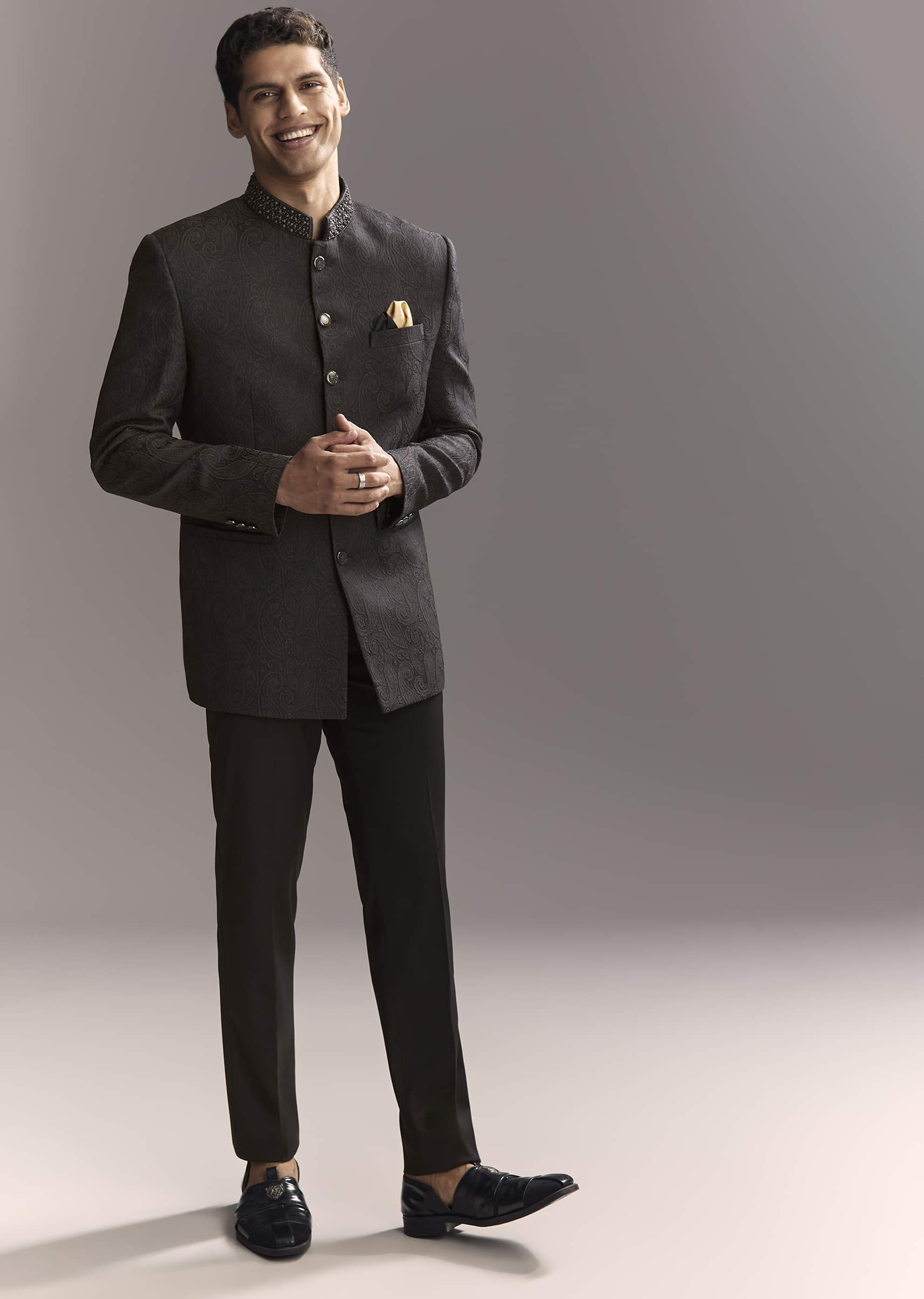 Black Jacquard Jodhpuri Suit For Men With Subtle Paisley Motifs - Image 3