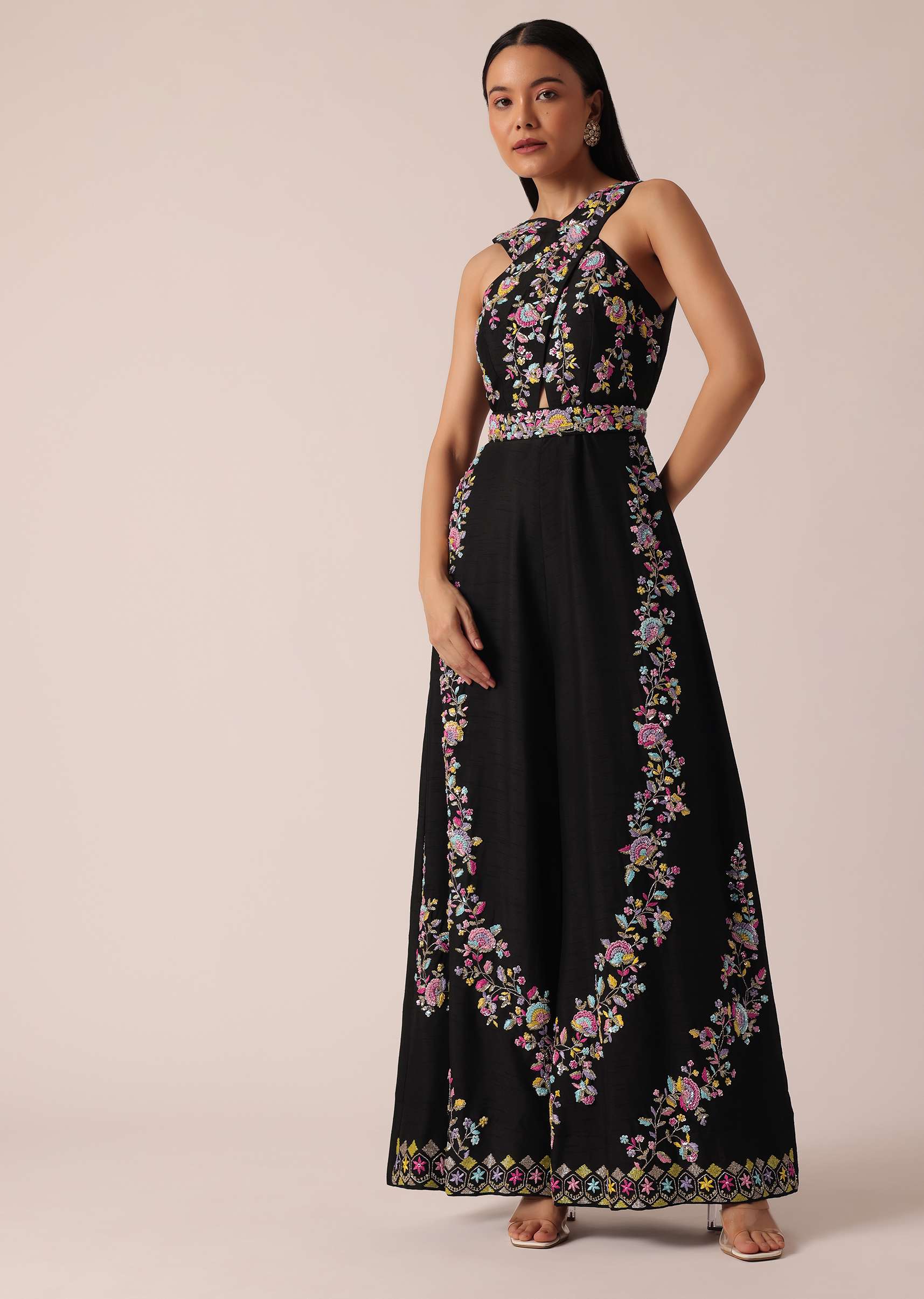 Black Jumpsuit With Floral Motif Embroidery - Image 2