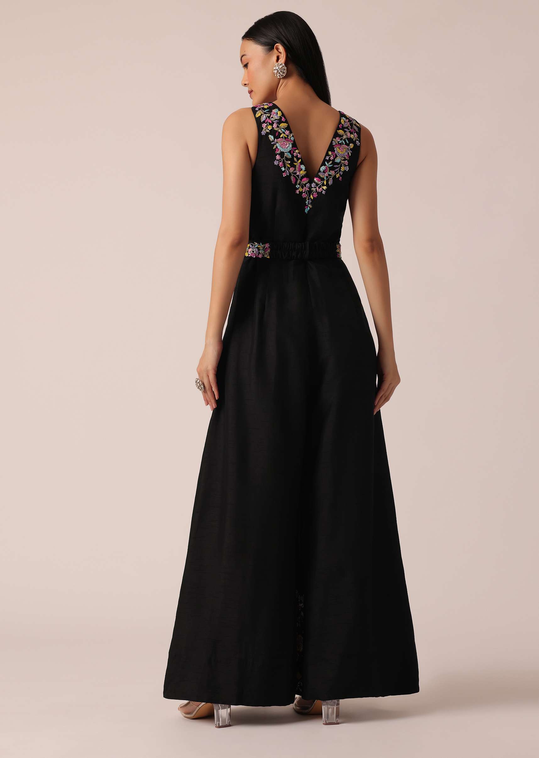 Black Jumpsuit With Floral Motif Embroidery - Image 3