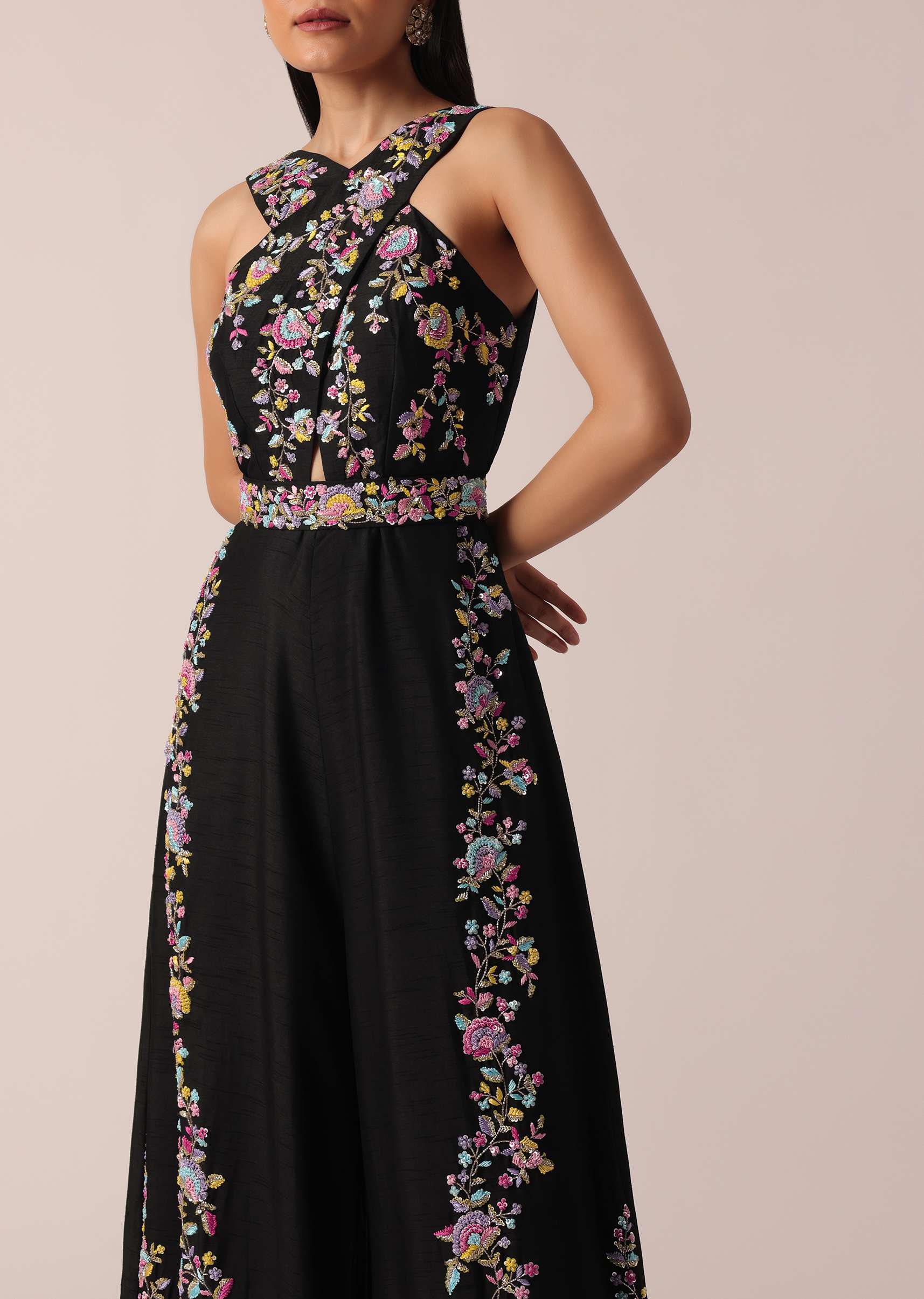 Black Jumpsuit With Floral Motif Embroidery - Image 5