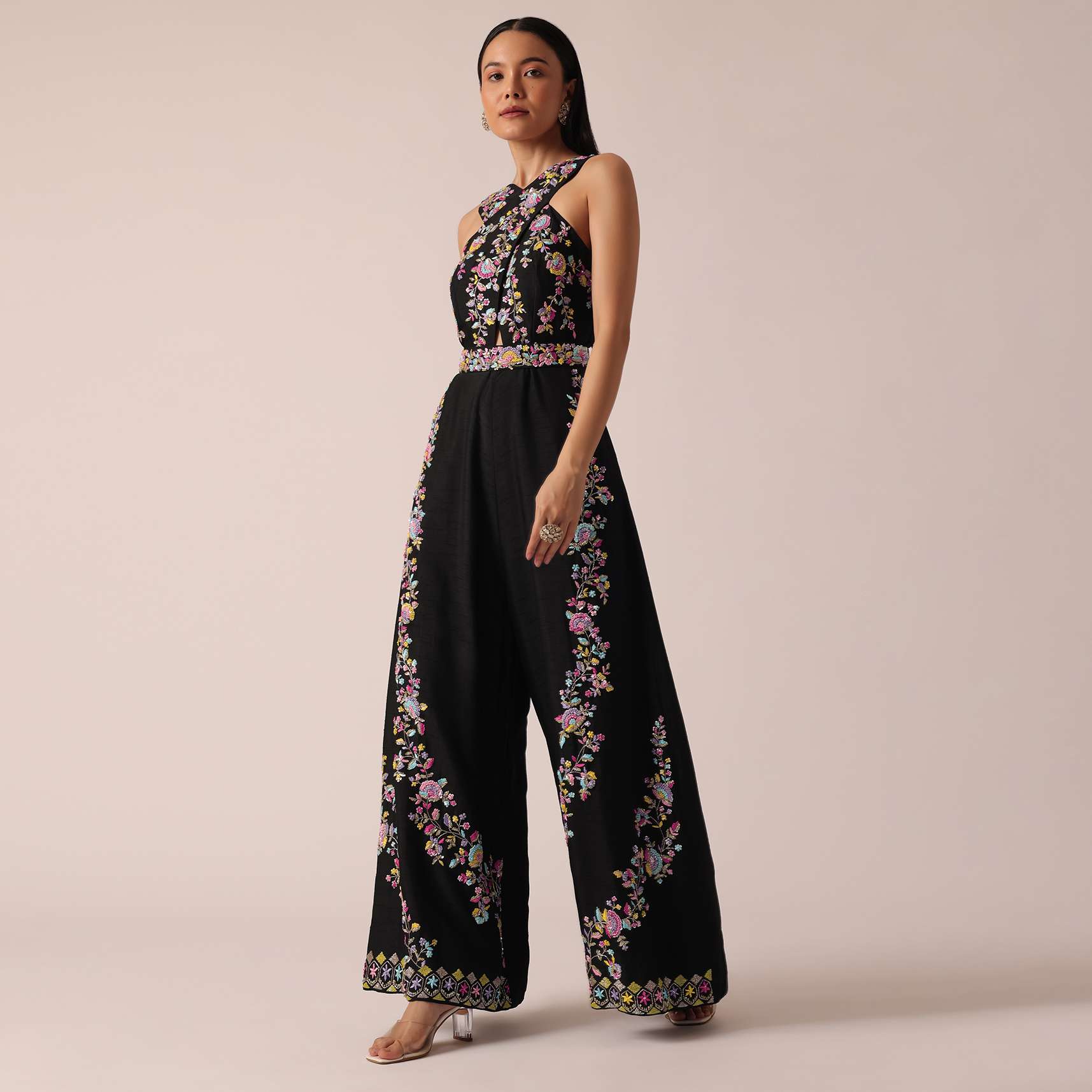 Black Jumpsuit With Floral Motif Embroidery - Image 6