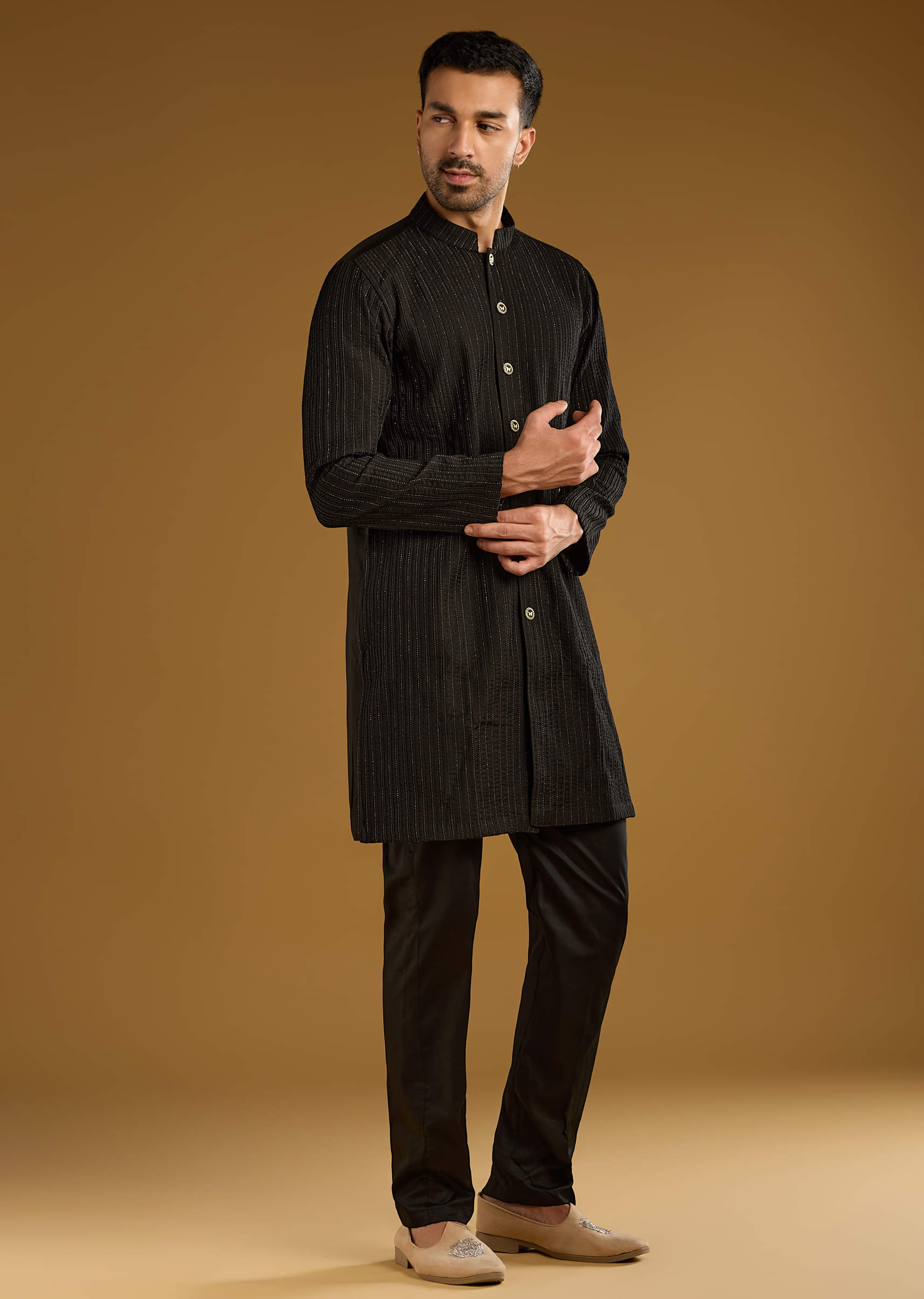 Black Kurta Jacket Set For Men With Beads Embroidery - Image 3