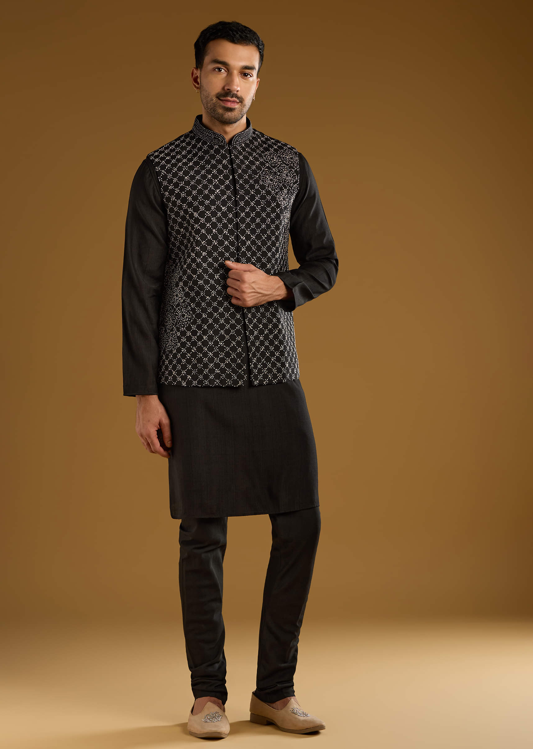 Black Kurta Jacket Set For Men With Thread Work - Image 3