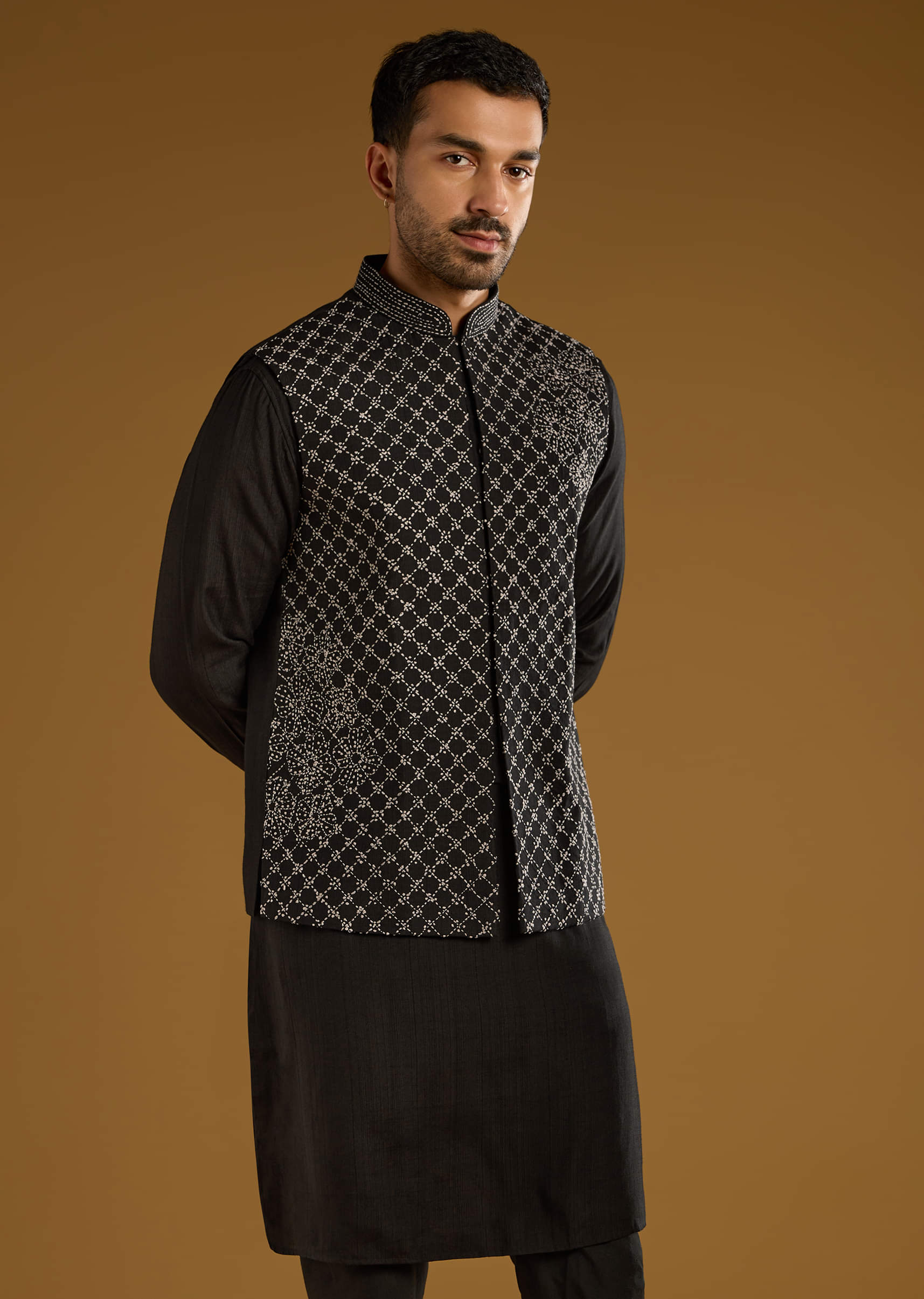 Black Kurta Jacket Set For Men With Thread Work - Image 4