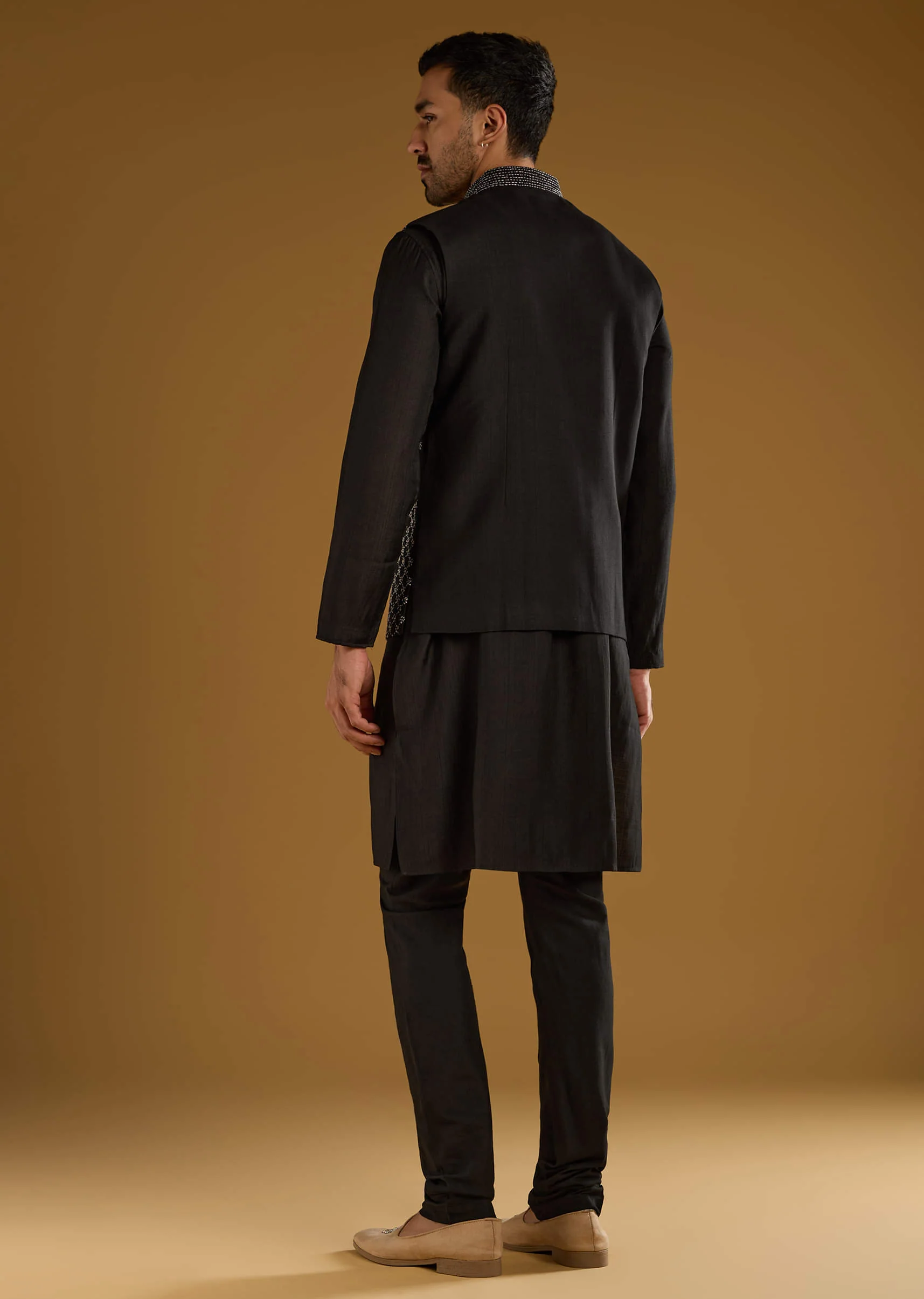 Black Kurta Jacket Set For Men With Thread Work - Image 5