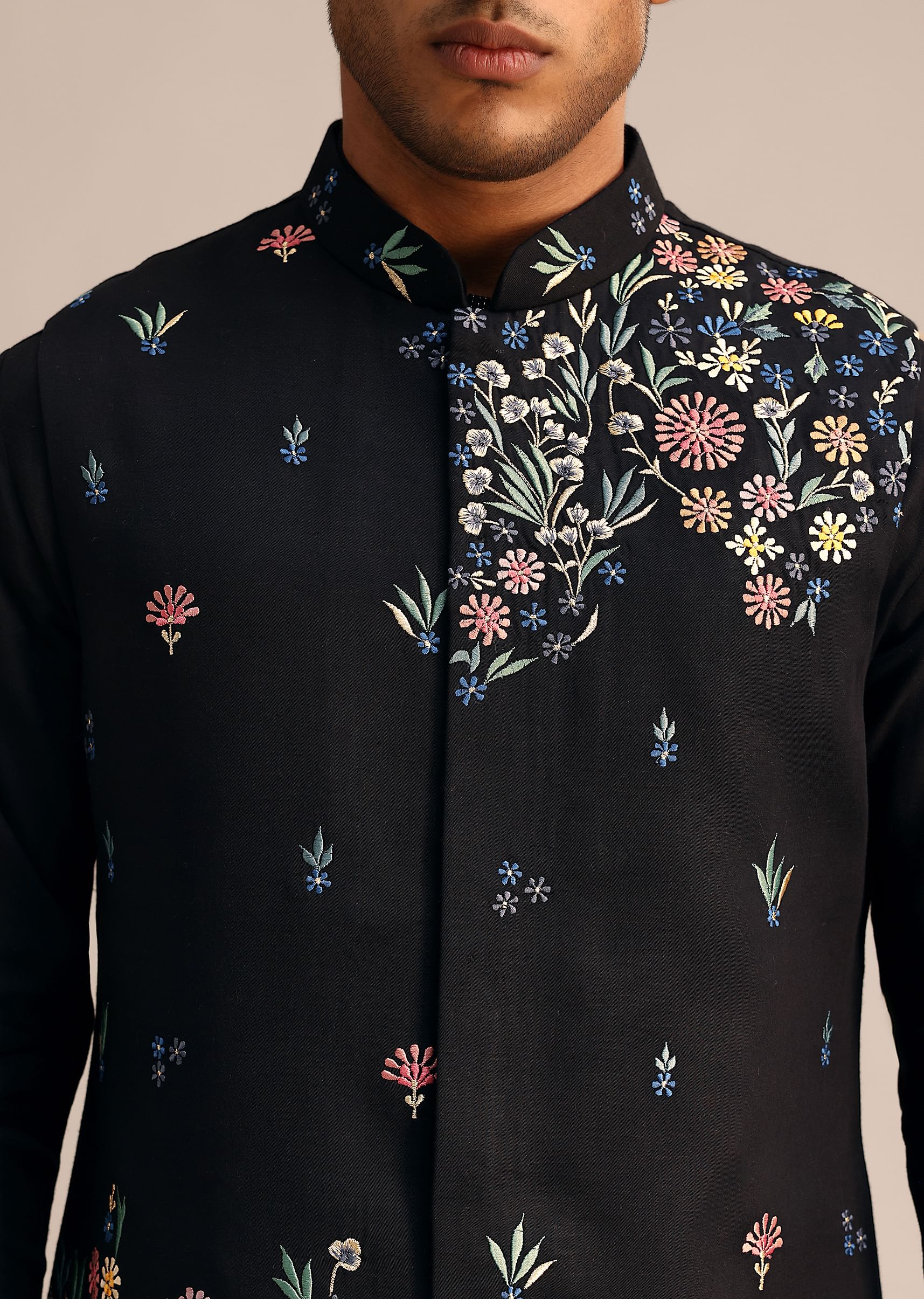 Black Kurta Jacket Set With Floral Embroidered Motifs - Image 2