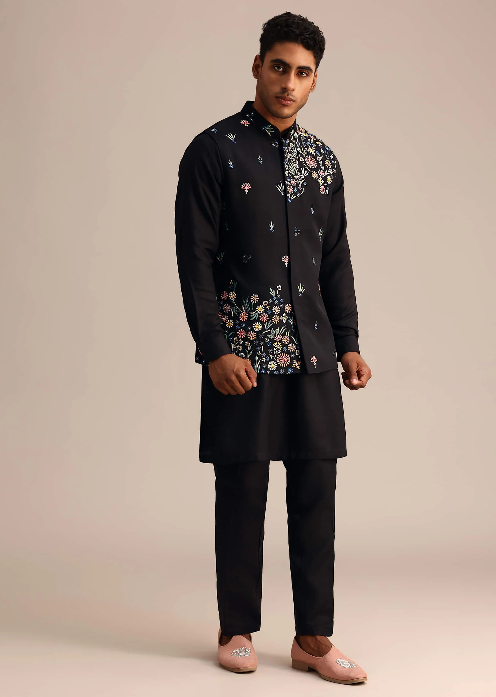 Black Kurta Jacket Set With Floral Embroidered Motifs - Image 7