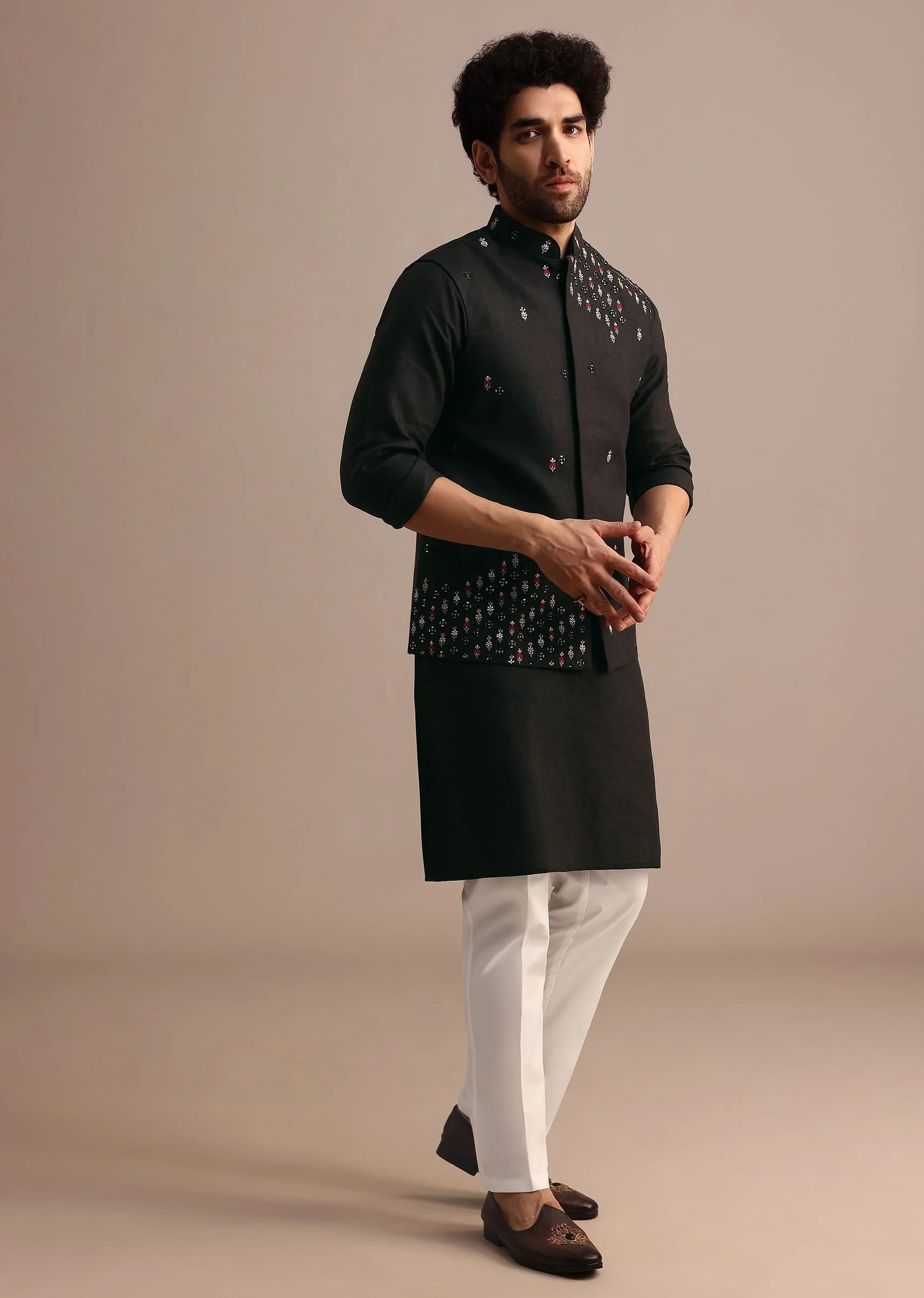 Black Kurta Jacket Set With Resham Work - Image 2
