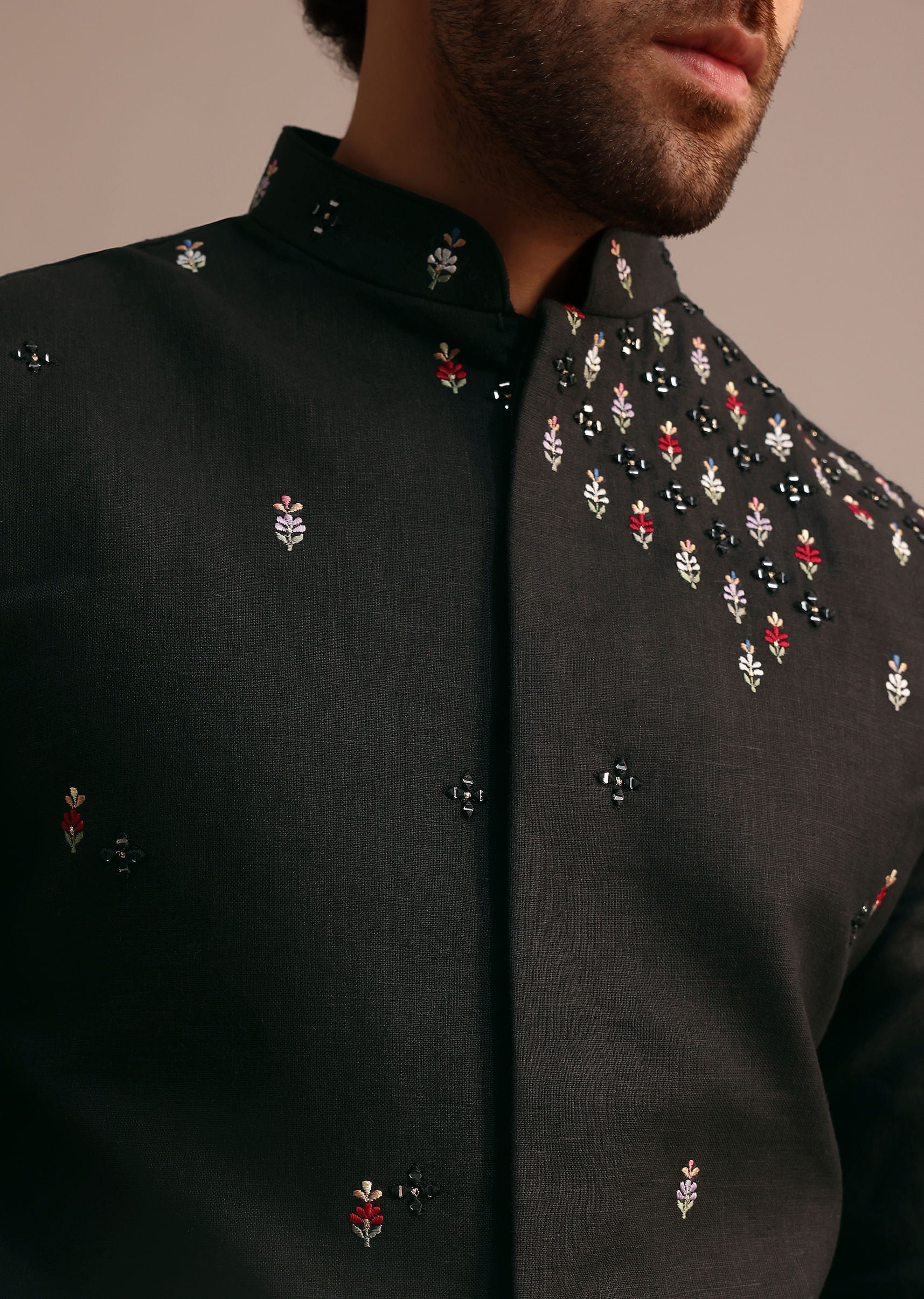 Black Kurta Jacket Set With Resham Work - Image 3