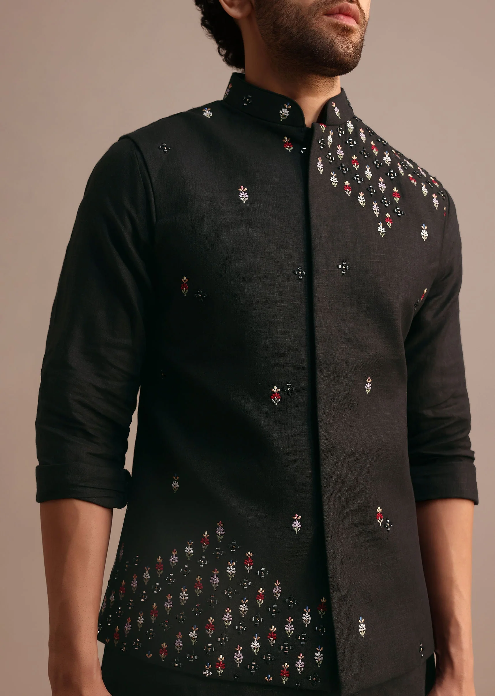 Black Kurta Jacket Set With Resham Work - Image 5