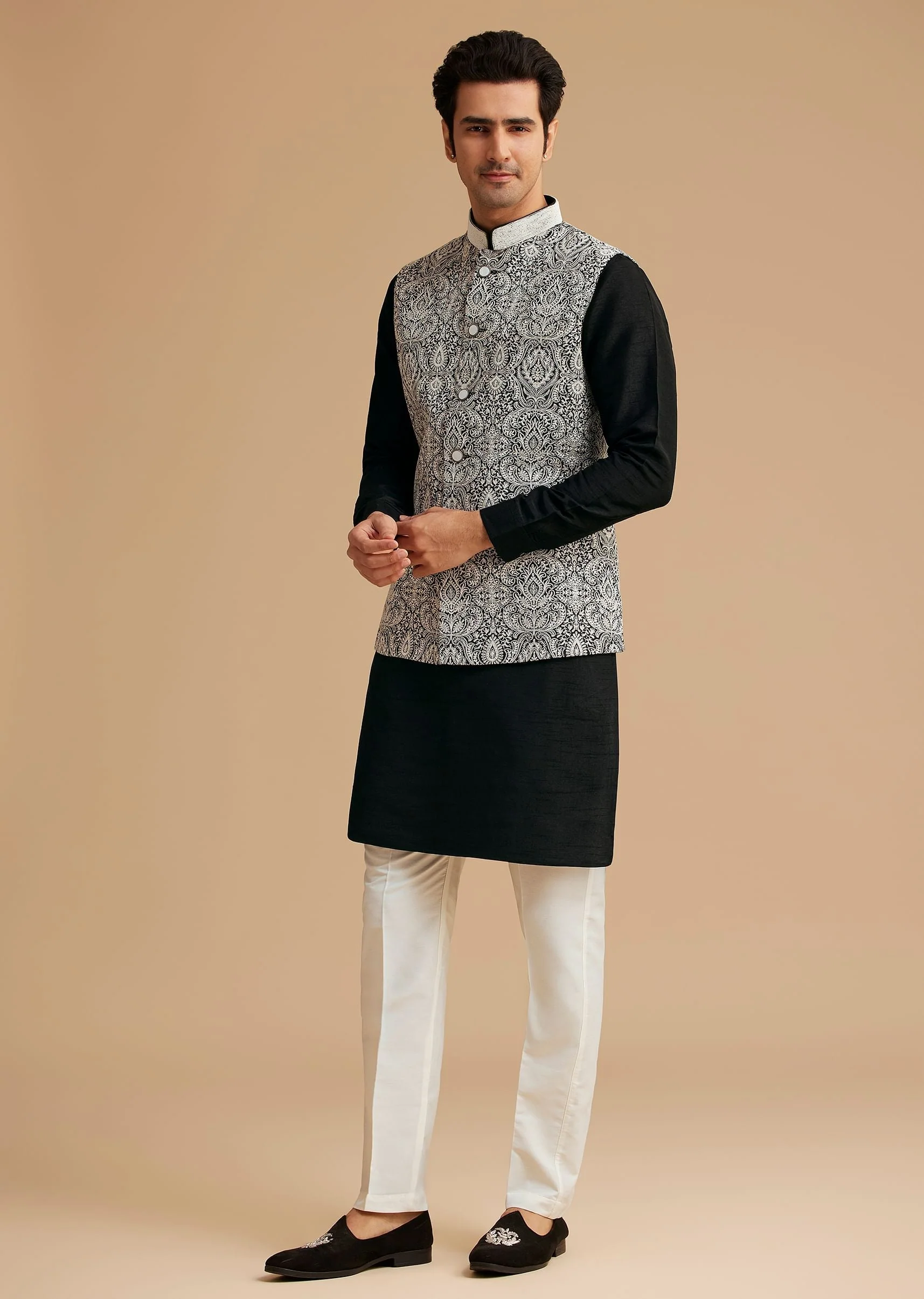 Black Kurta Jacket Set With Resham Work And Hand Embroidered Collar - Image 3