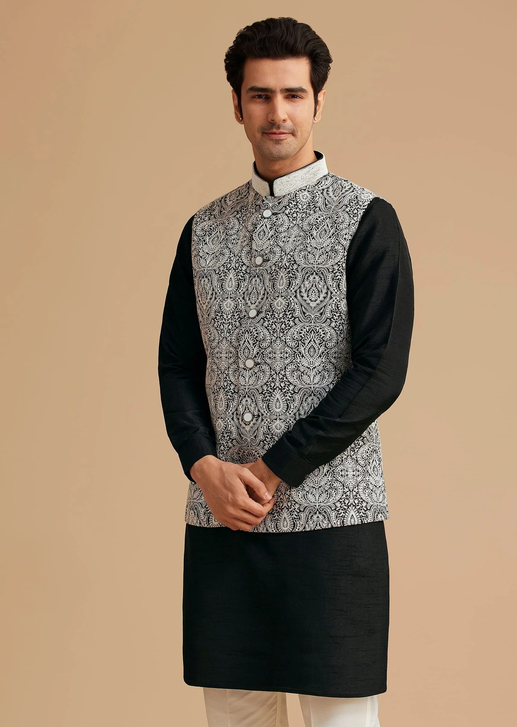 Black Kurta Jacket Set With Resham Work And Hand Embroidered Collar - Image 4