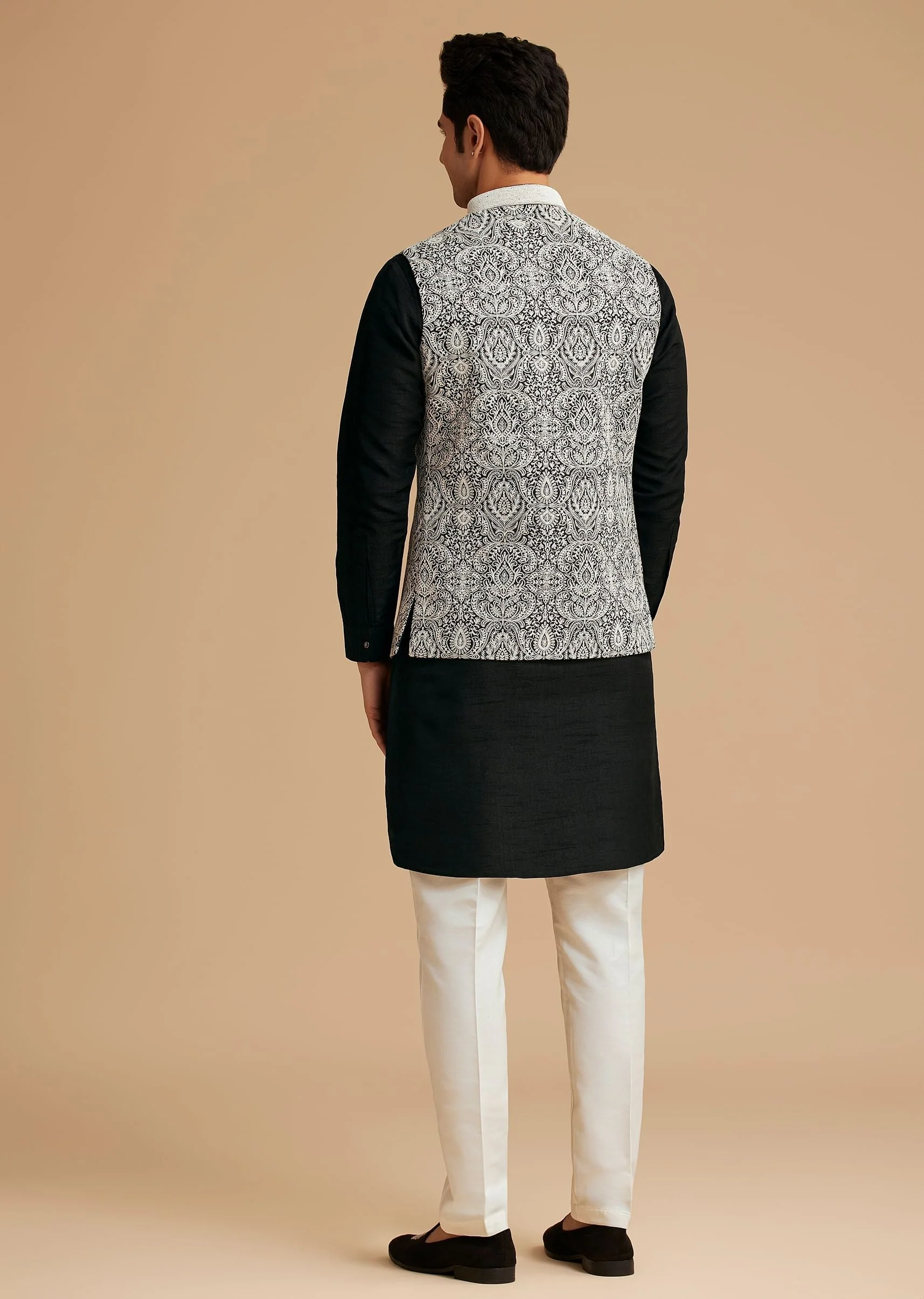 Black Kurta Jacket Set With Resham Work And Hand Embroidered Collar - Image 5