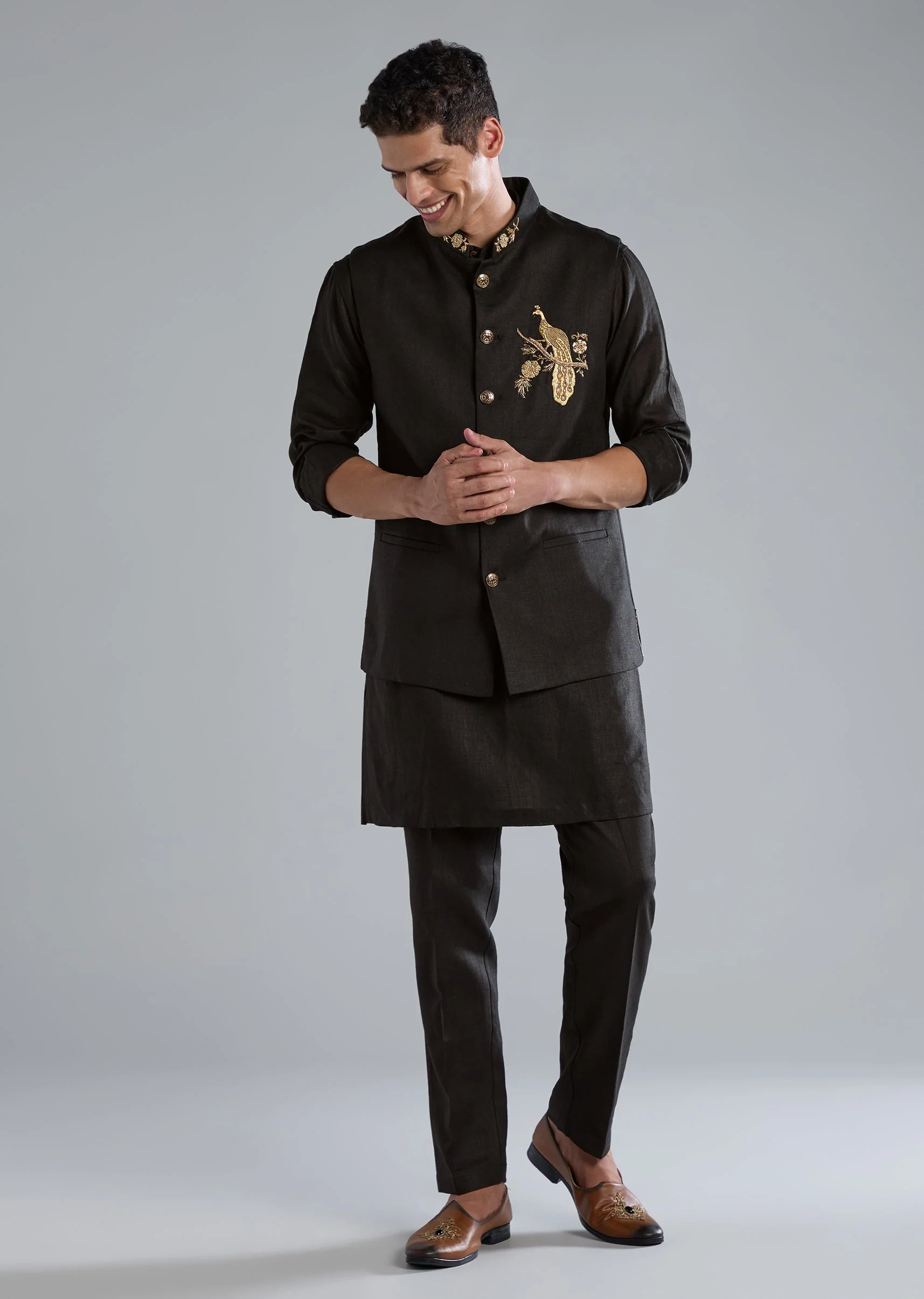 Black Kurta Jacket Set With Zardosi Hand Work - Image 3