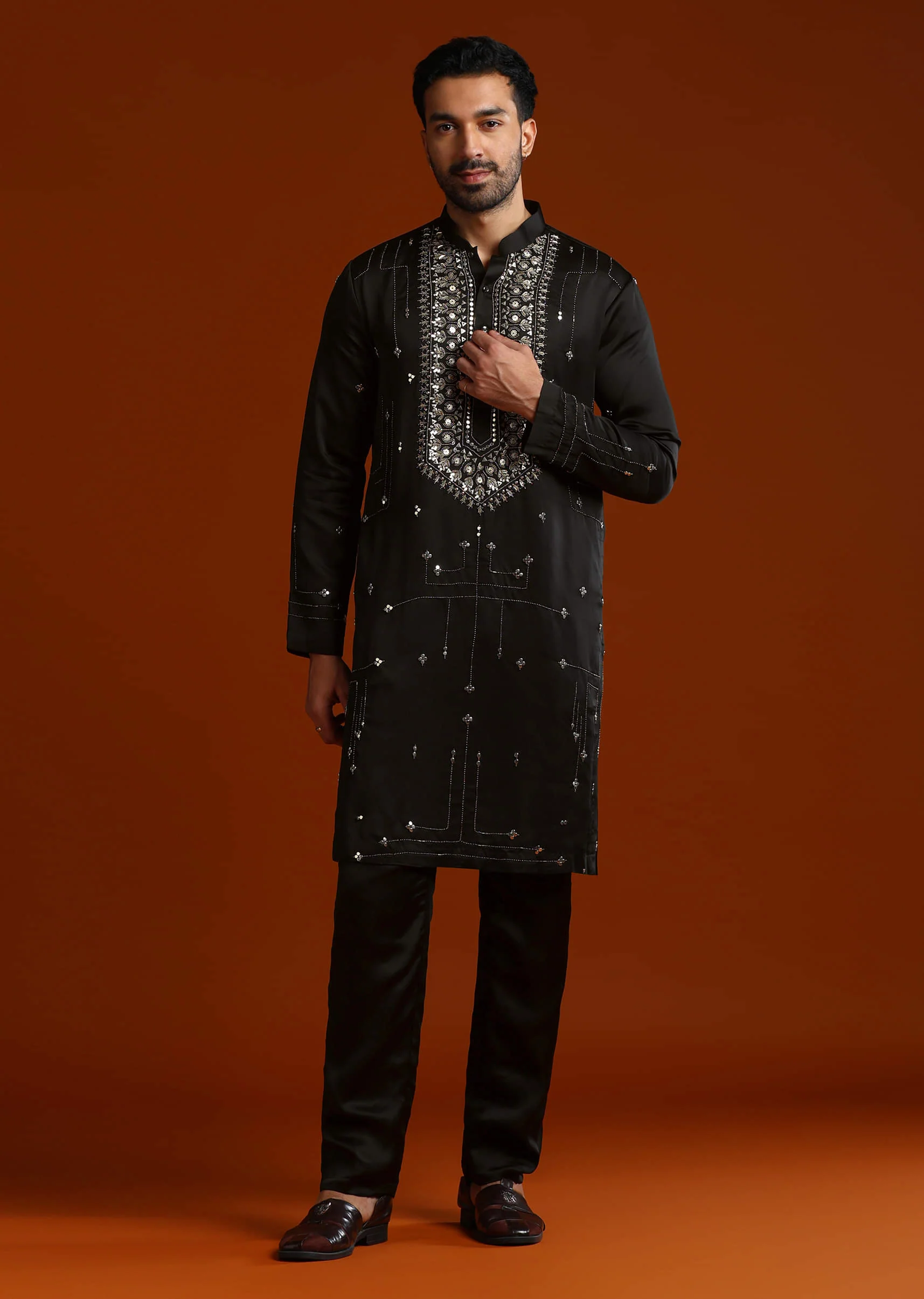 Black Kurta Set For Men With Metal Embroidery - Image 5