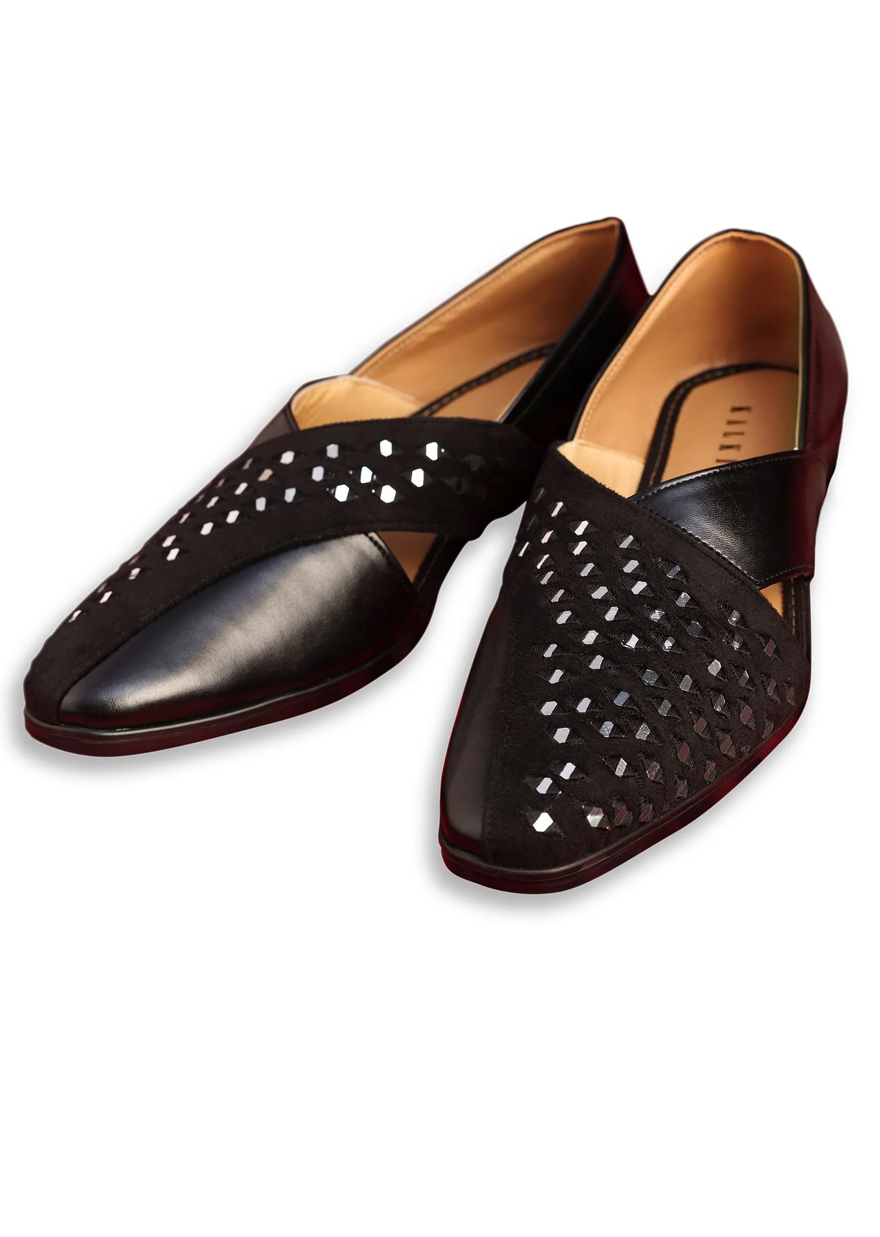 Black Leather And Velvet Jutti With Mirror Work - Image 2