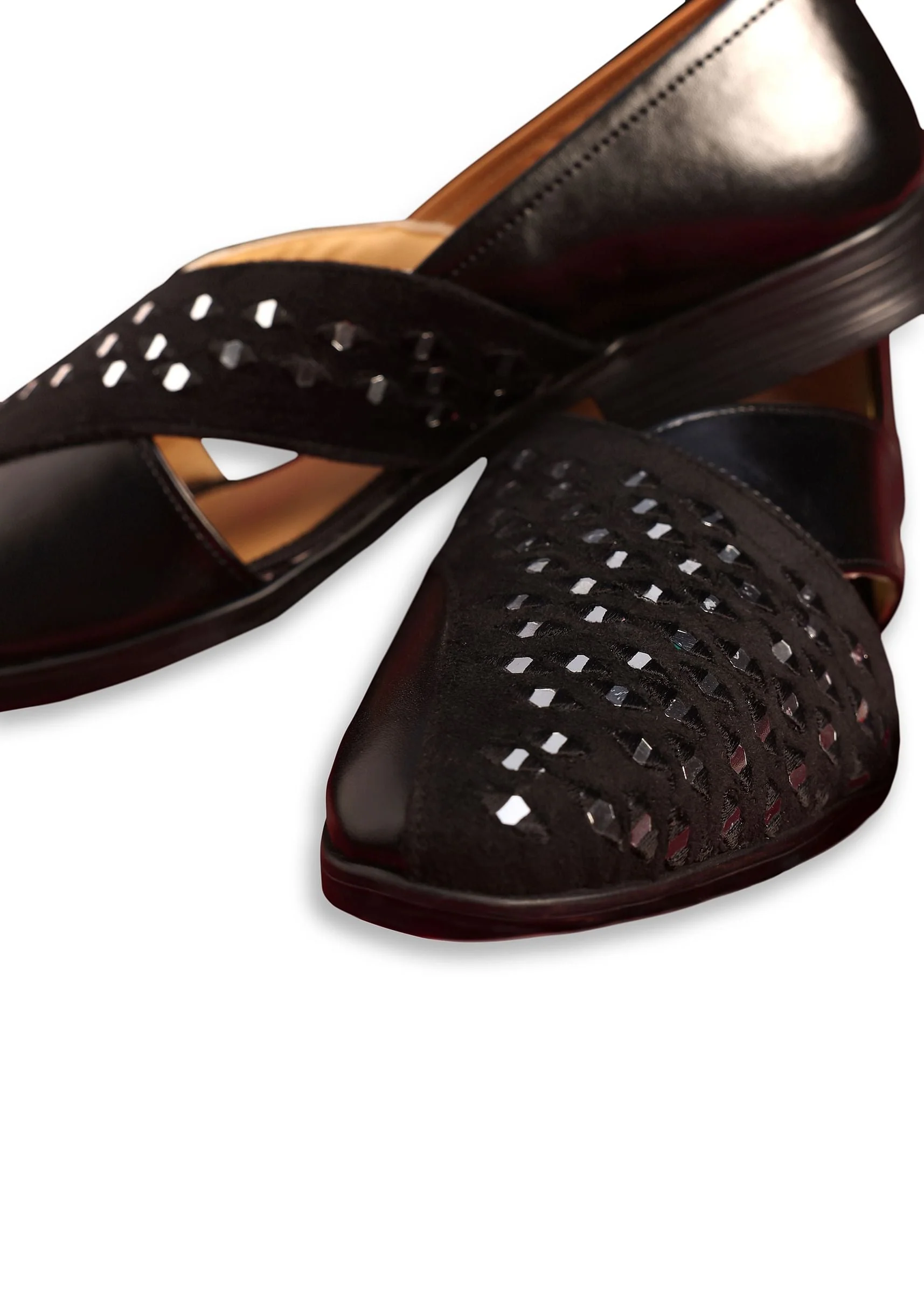 Black Leather And Velvet Jutti With Mirror Work - Image 3
