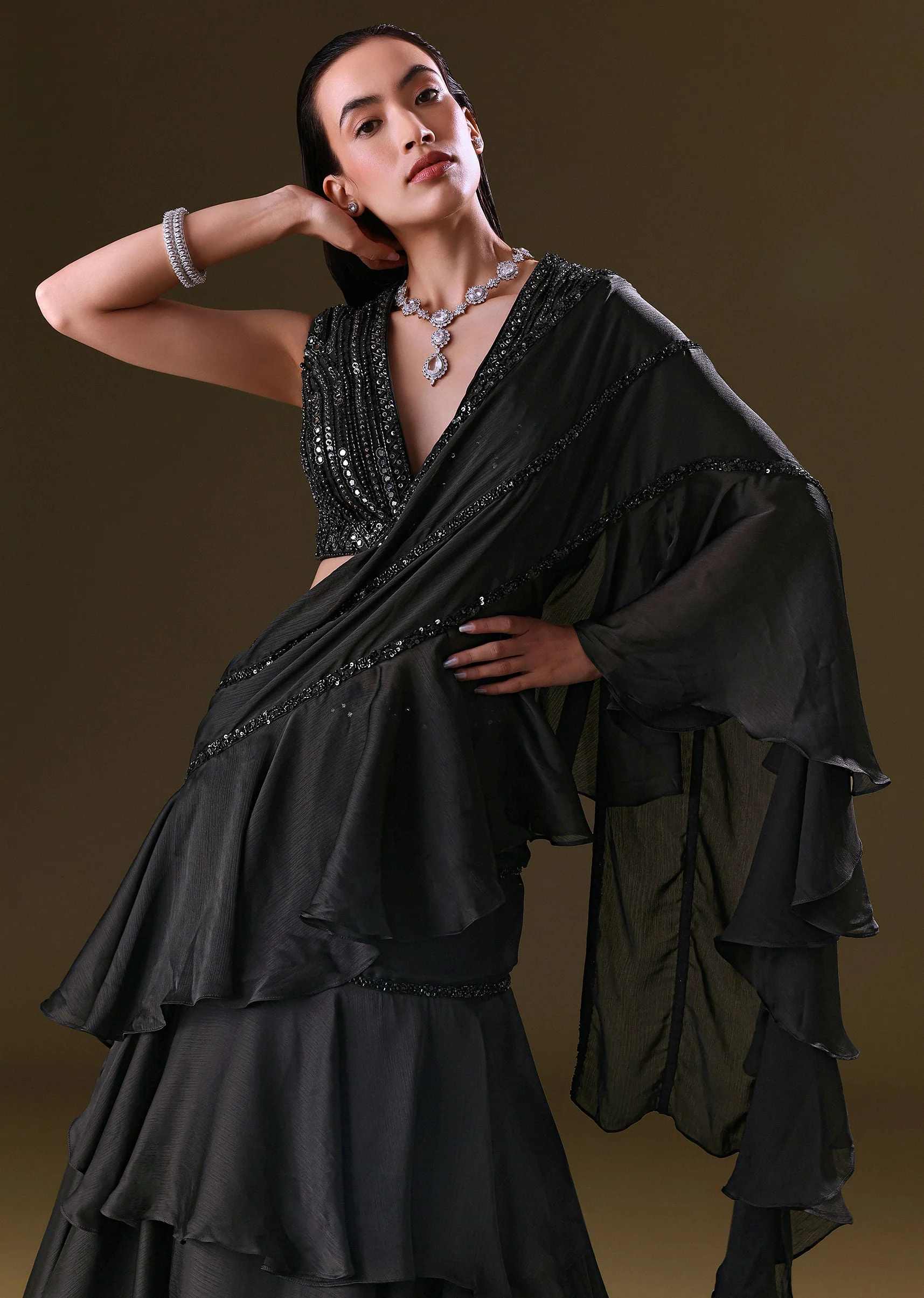 Black Lehenga Choli Set With Attached Dupatta - Image 5