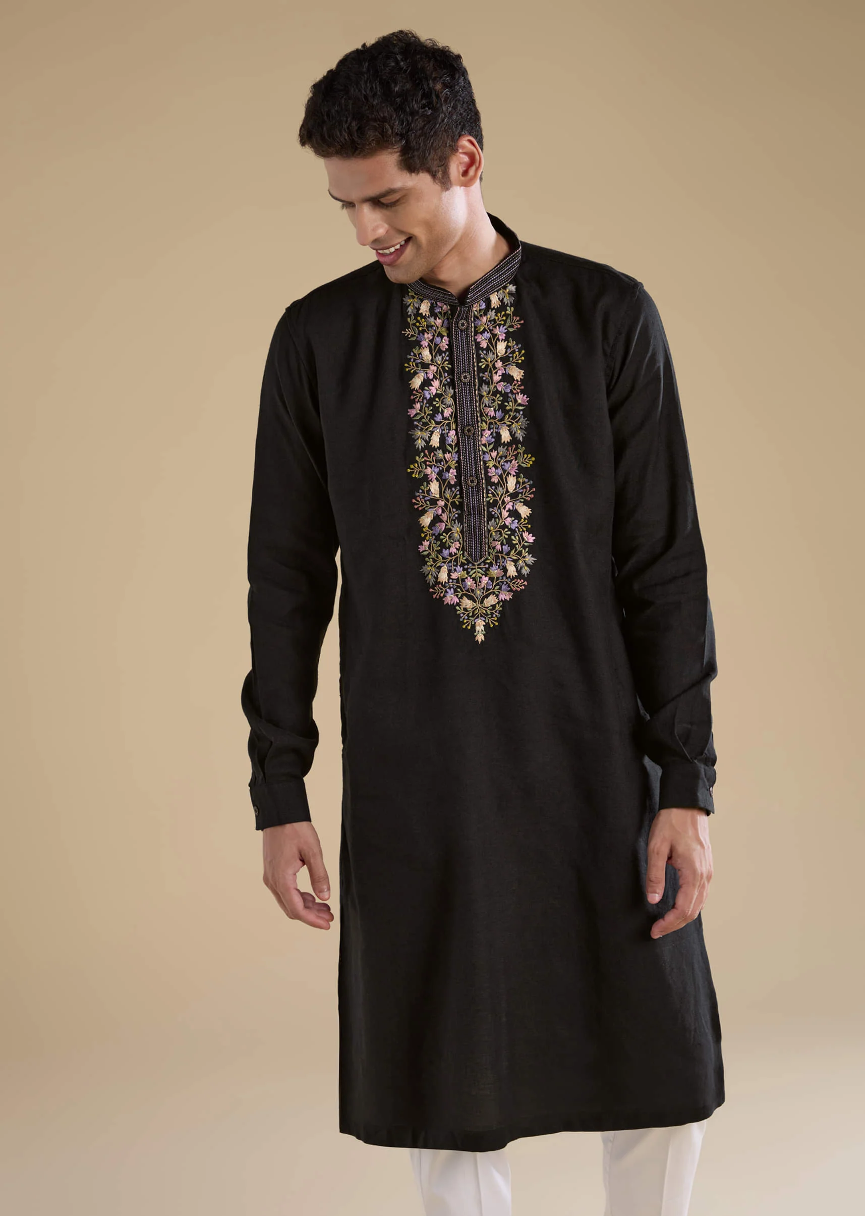 Black Linen Embroidered Mens Kurta Set - Image 4