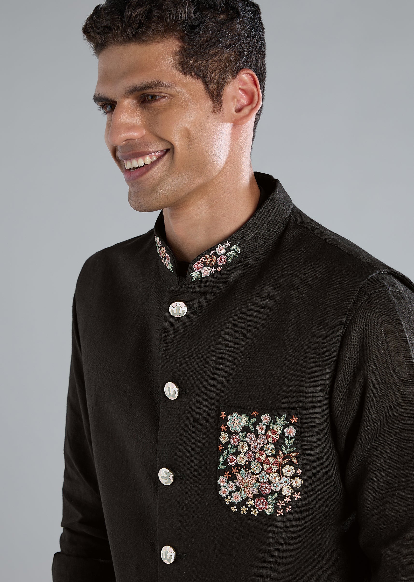 Black Linen Kurta Jacket Set With Thread Resham Work - Image 2
