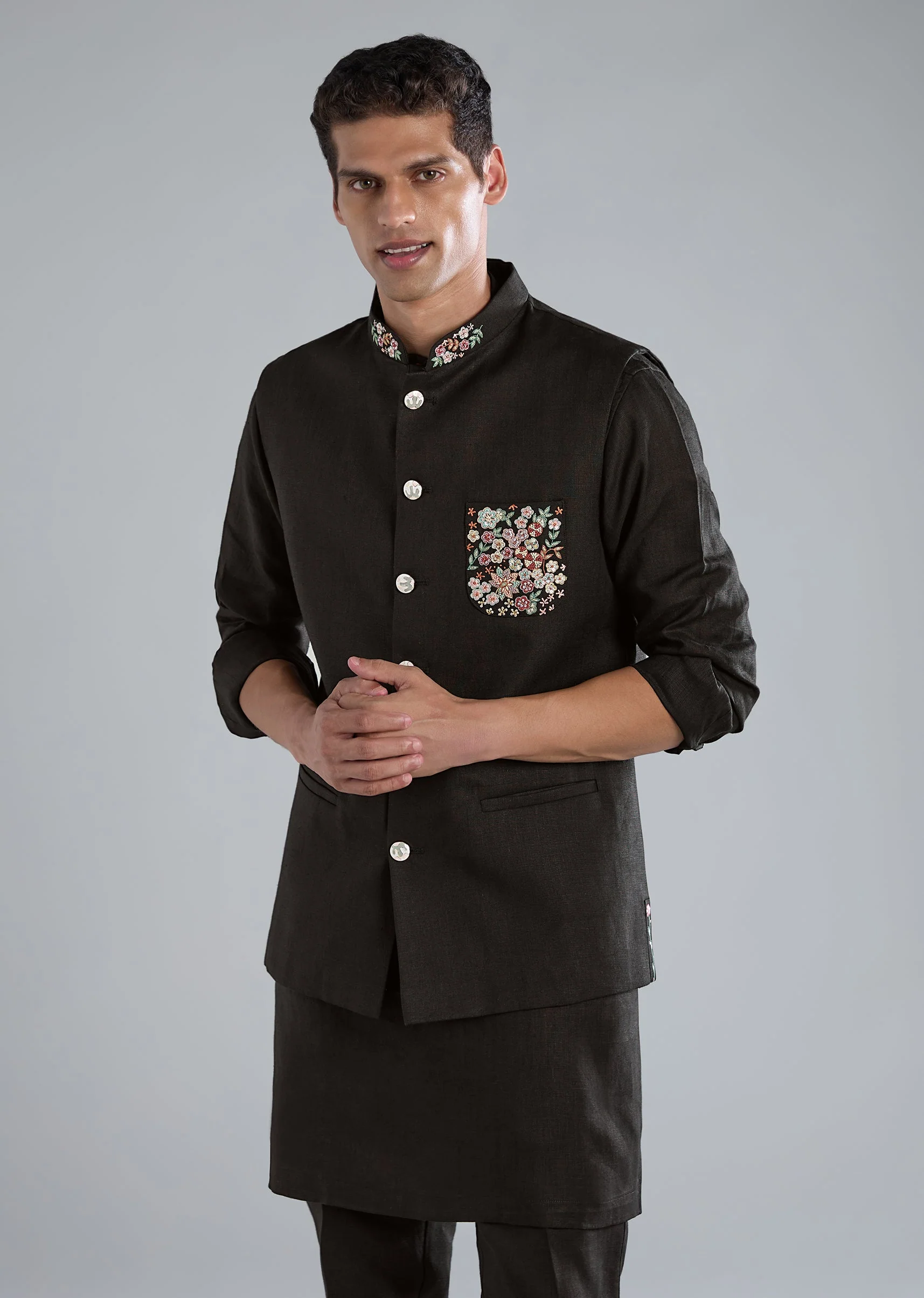 Black Linen Kurta Jacket Set With Thread Resham Work - Image 4